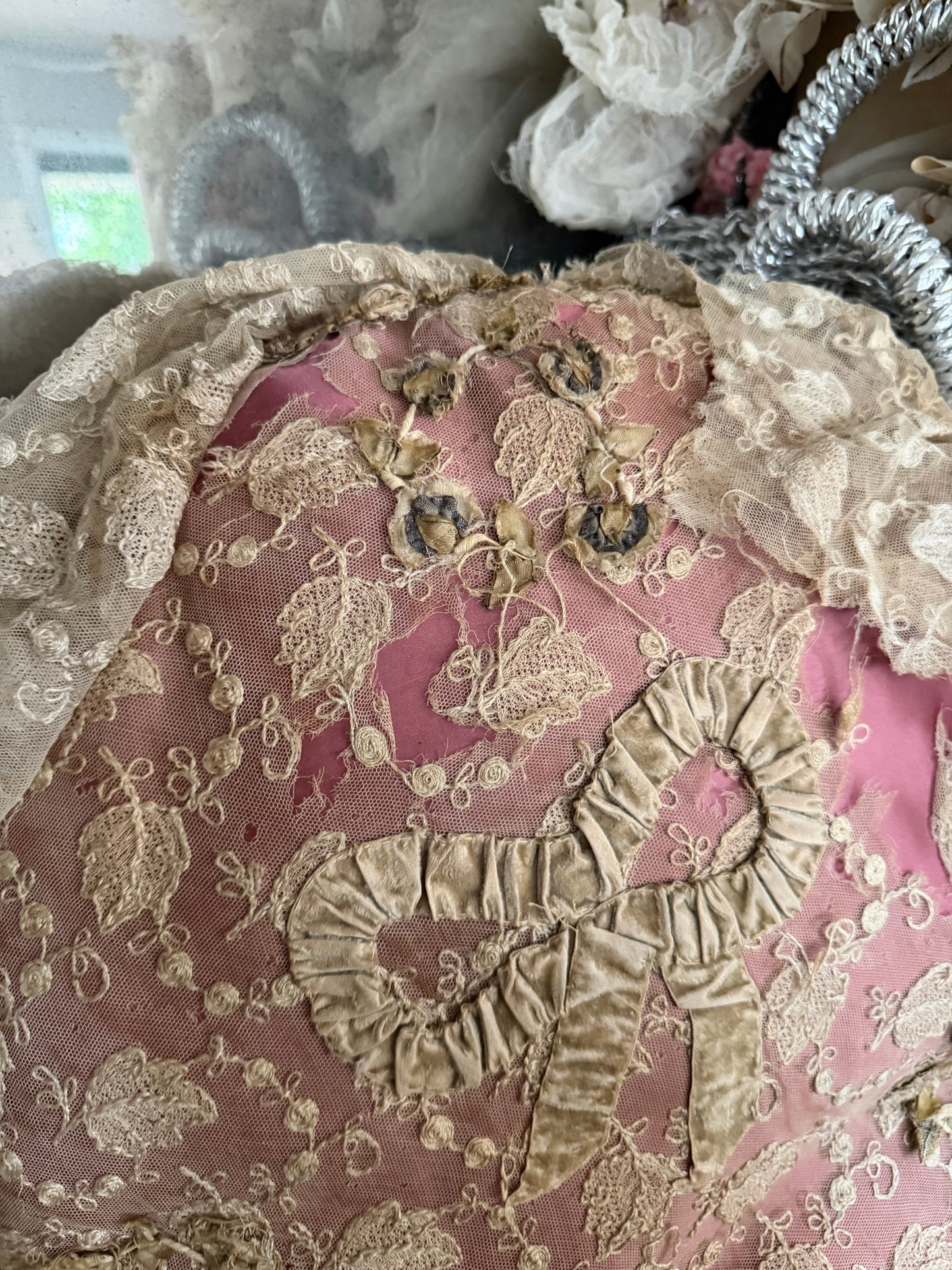 Antique Lace Ribbonwork Pillow With Bow