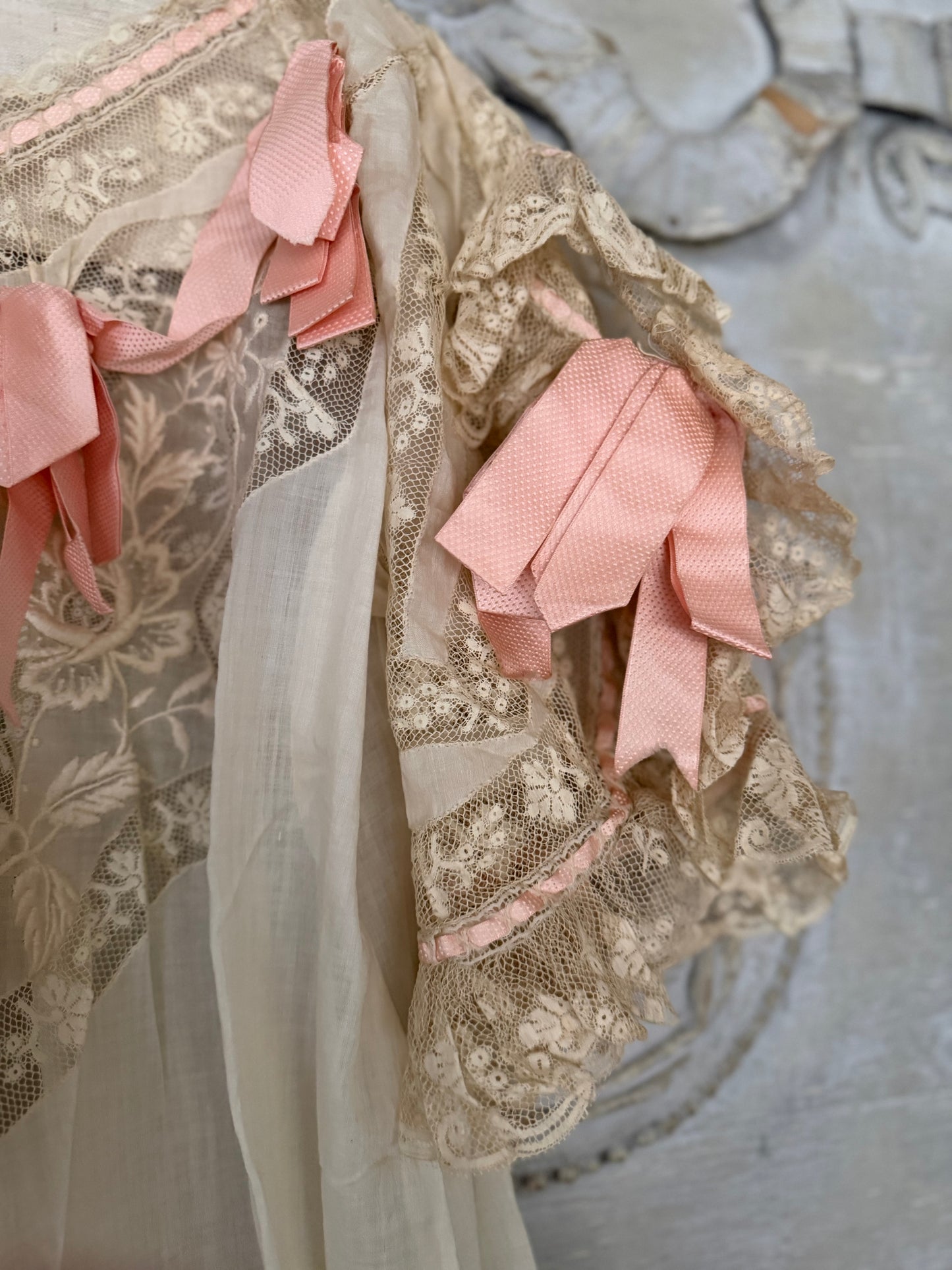 Antique Victorian Floral Lace Nightgown Ribbon Bow