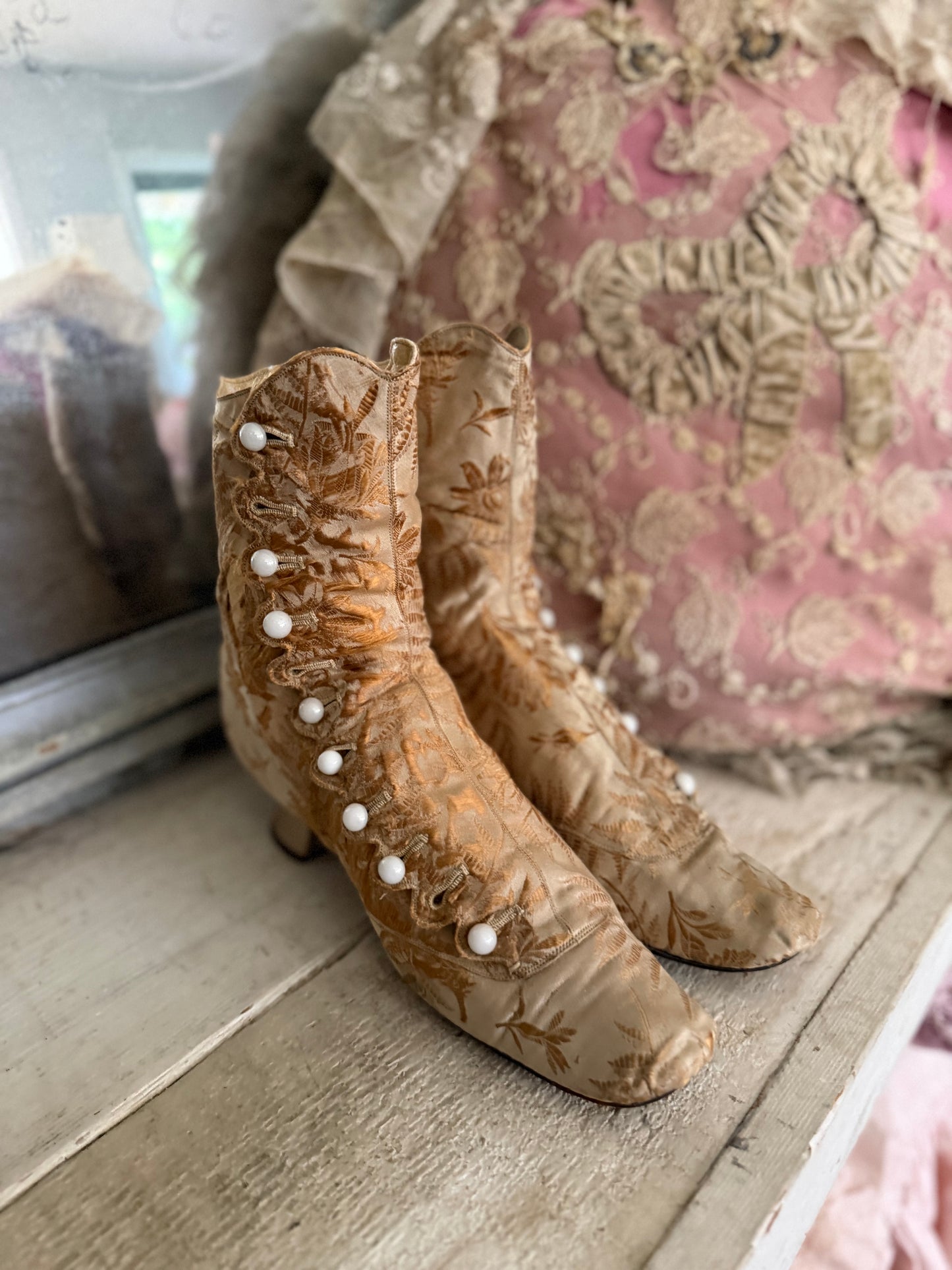 Antique Victorian Gold Silk Boots Shoes