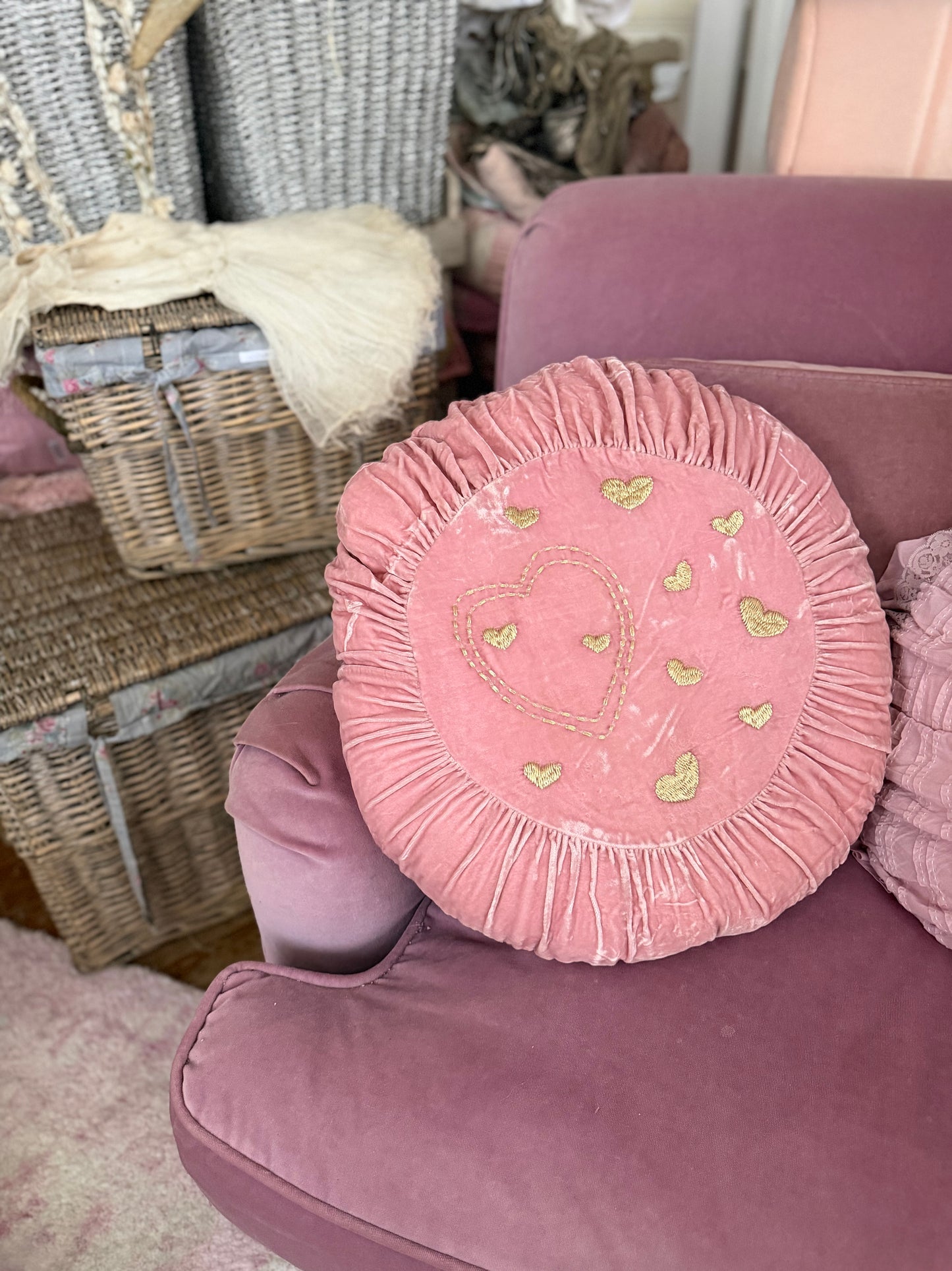 RASSC Rachel Ashwell Pink Velvet Gold Heart Pillow