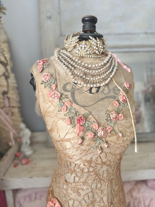 Antique Silk Corset Mannequin With Ribbonwork Lace Dress