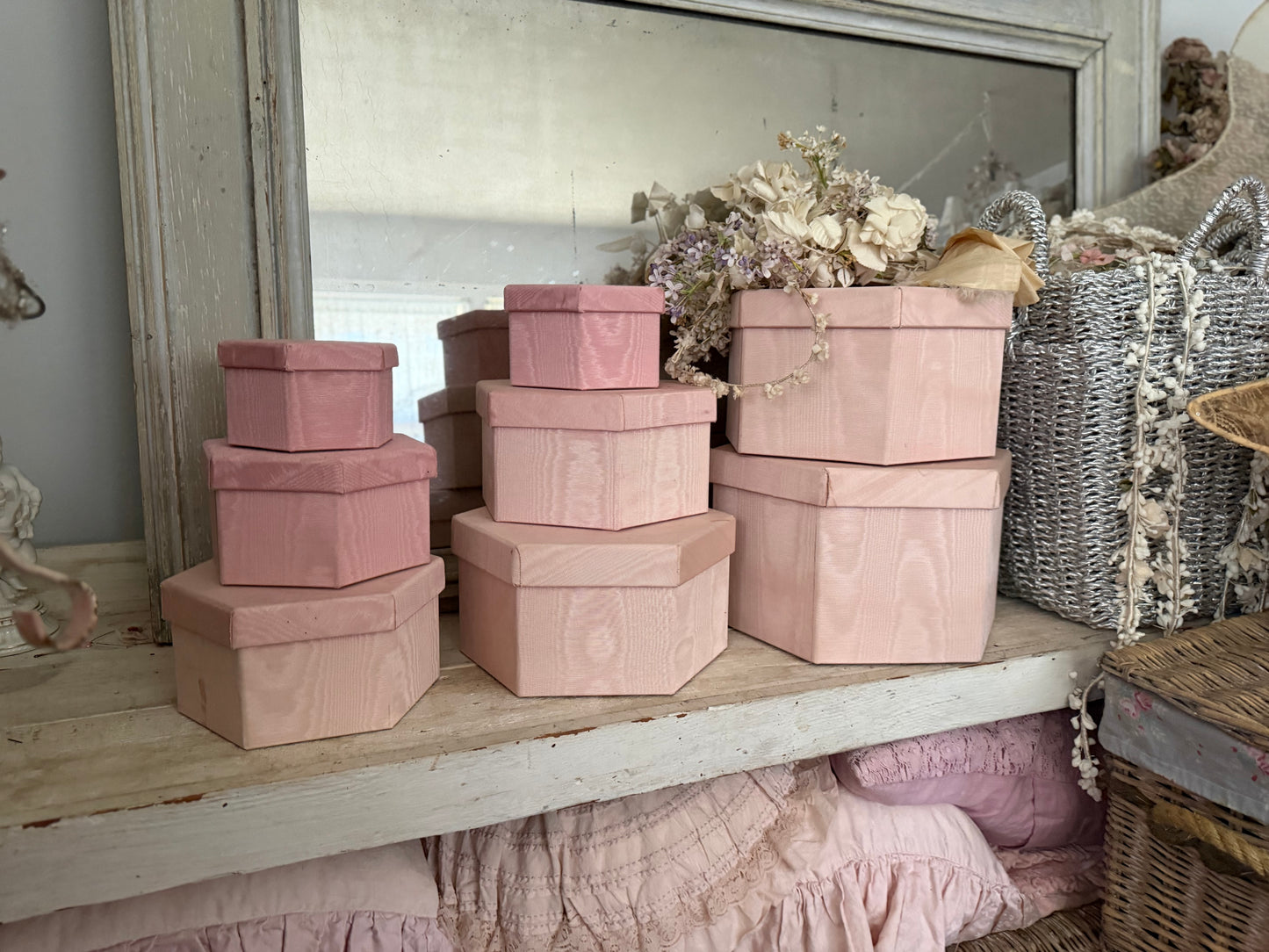 Collection 9 Vintage Pink Moire Fabric Nesting Boxes