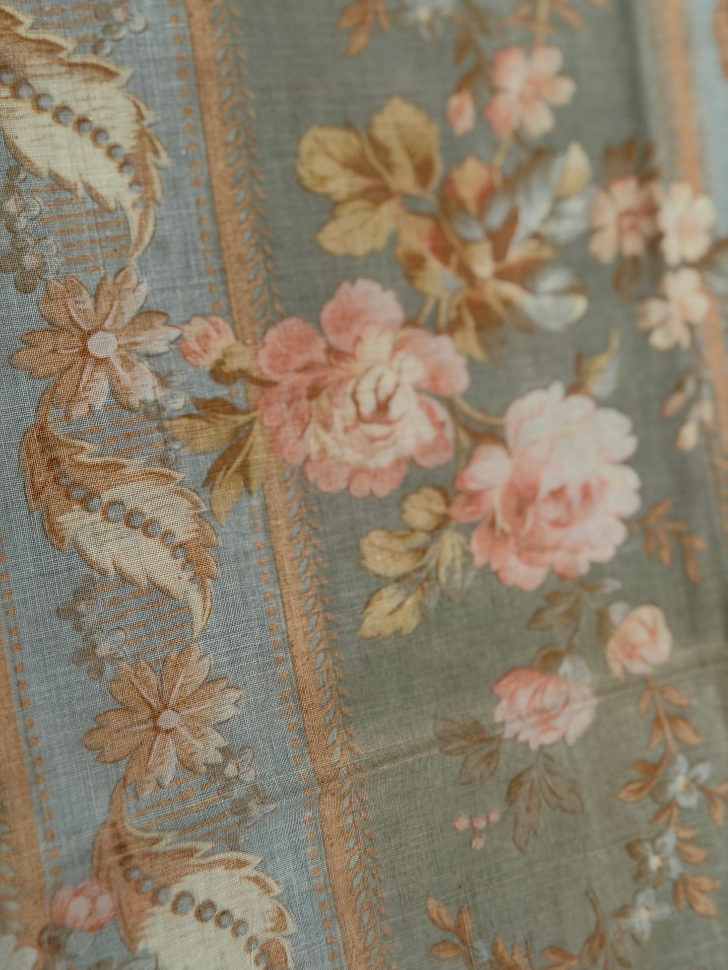 Antique French Fabric Dusty Blue Pink Roses