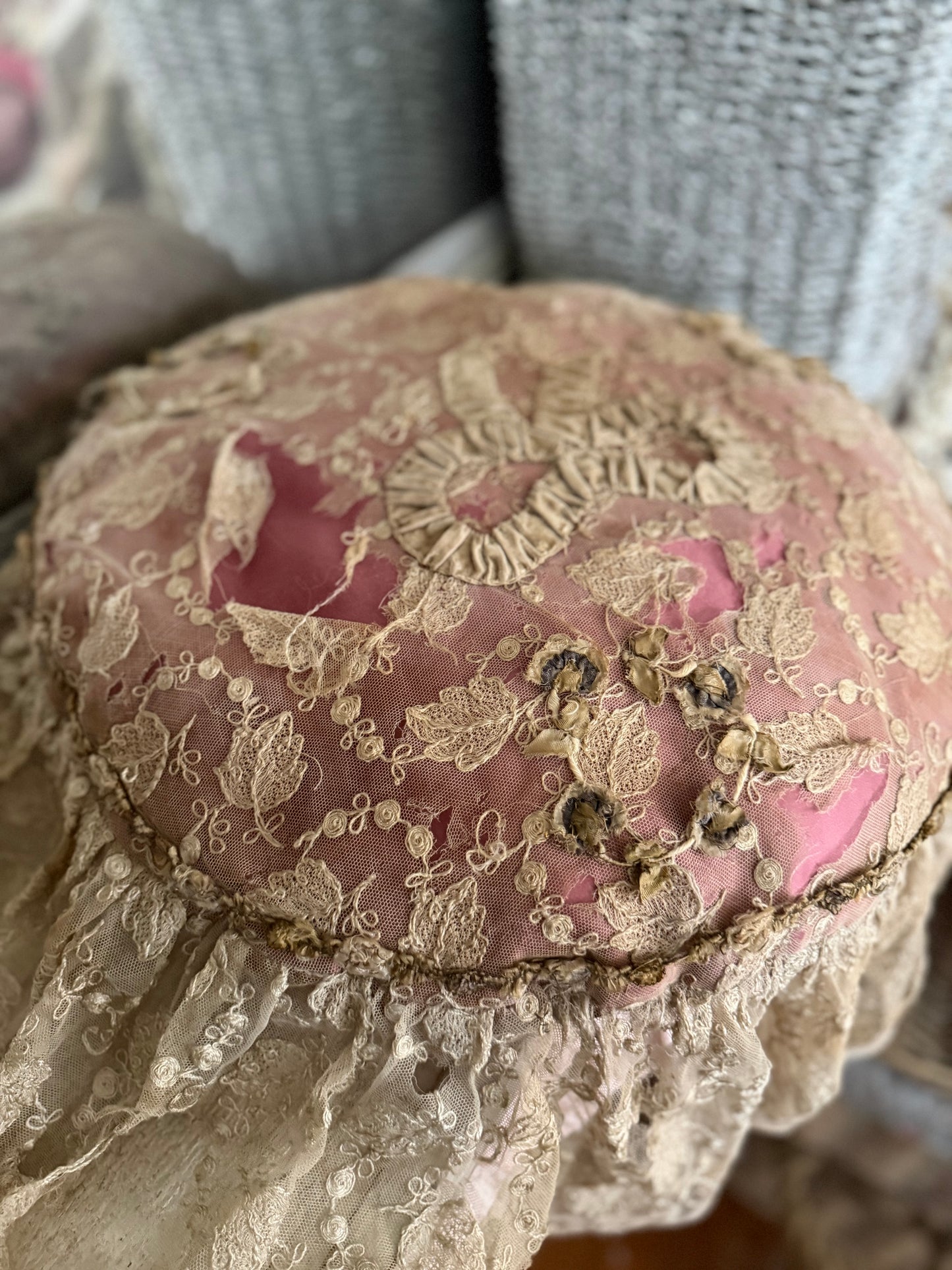 Antique Lace Ribbonwork Pillow With Bow
