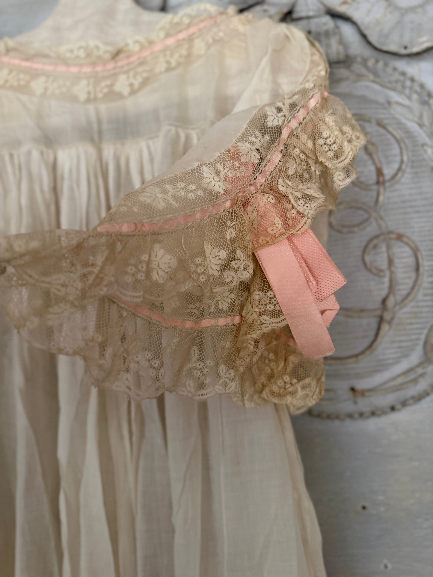 Antique Victorian Floral Lace Nightgown Ribbon Bow