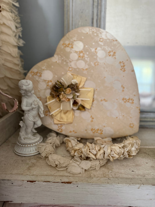 XL Vintage Gold Fabric Heart Candy Box Millinery Flowers Bow