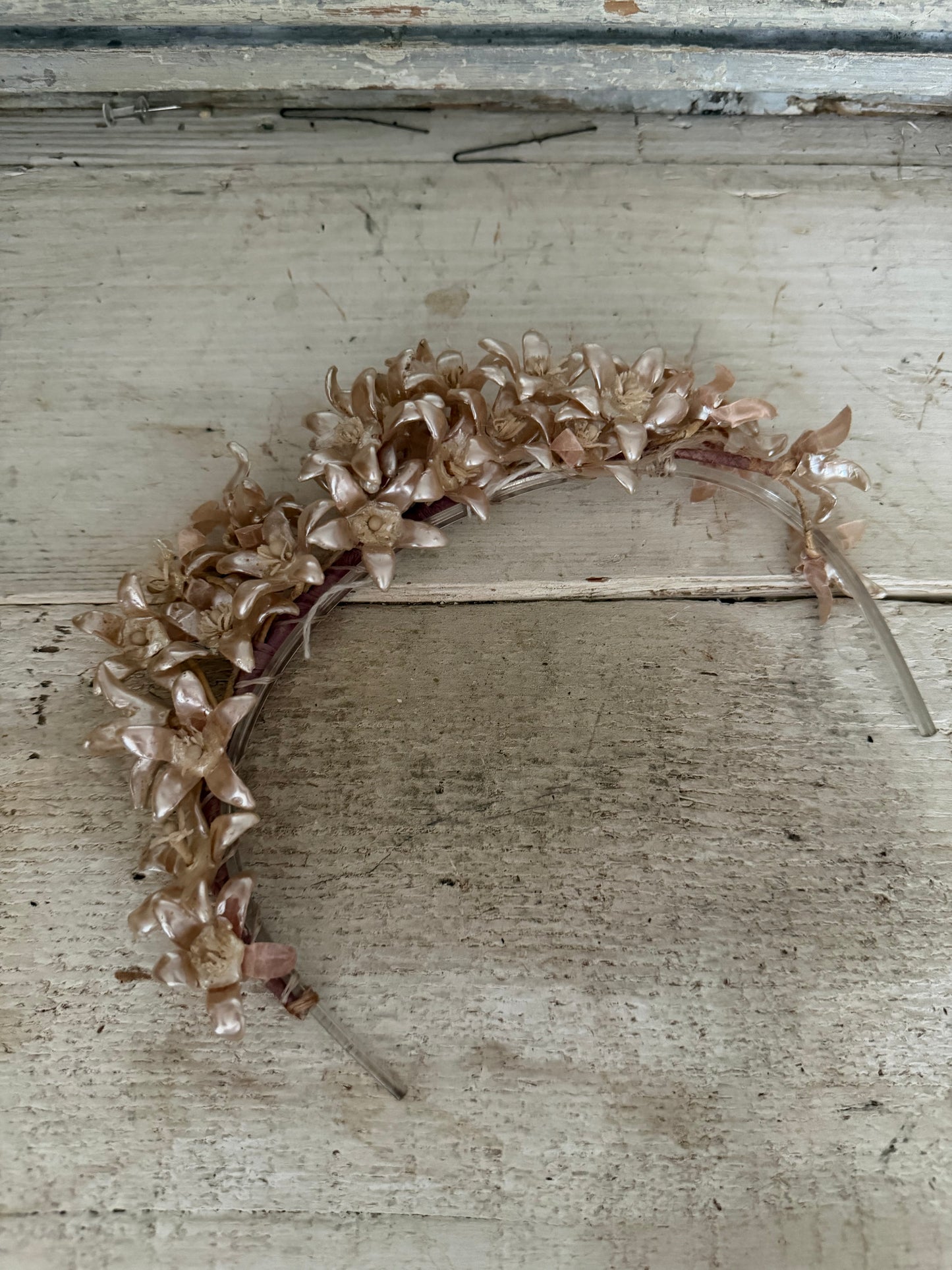 Antique French Pearlized Pink Champagne orange Blossom Flowers Crown