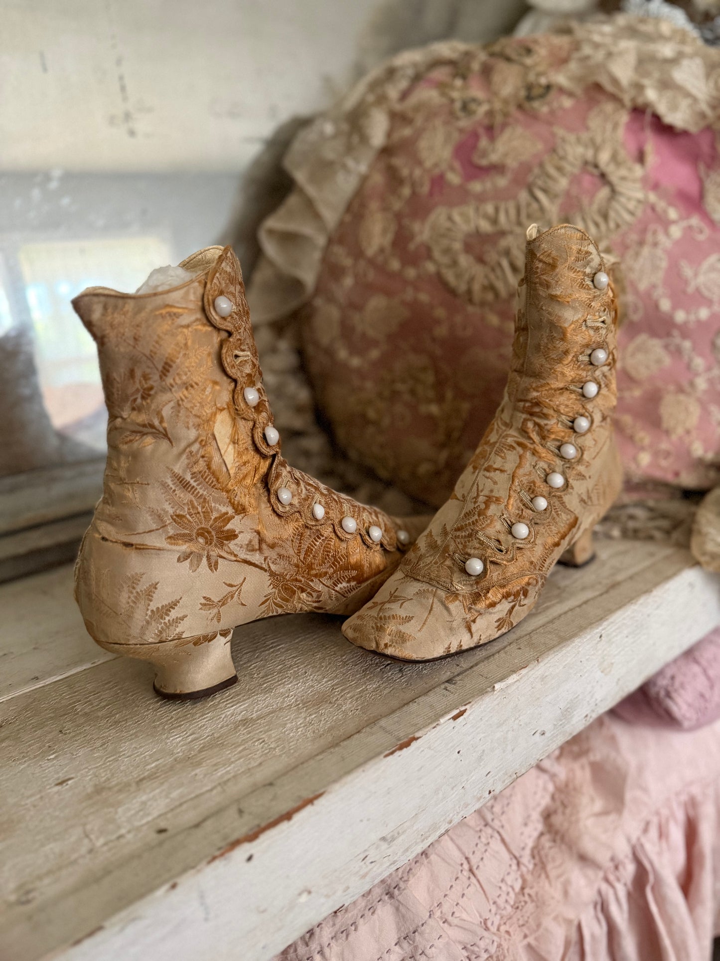 Antique Victorian Gold Silk Boots Shoes