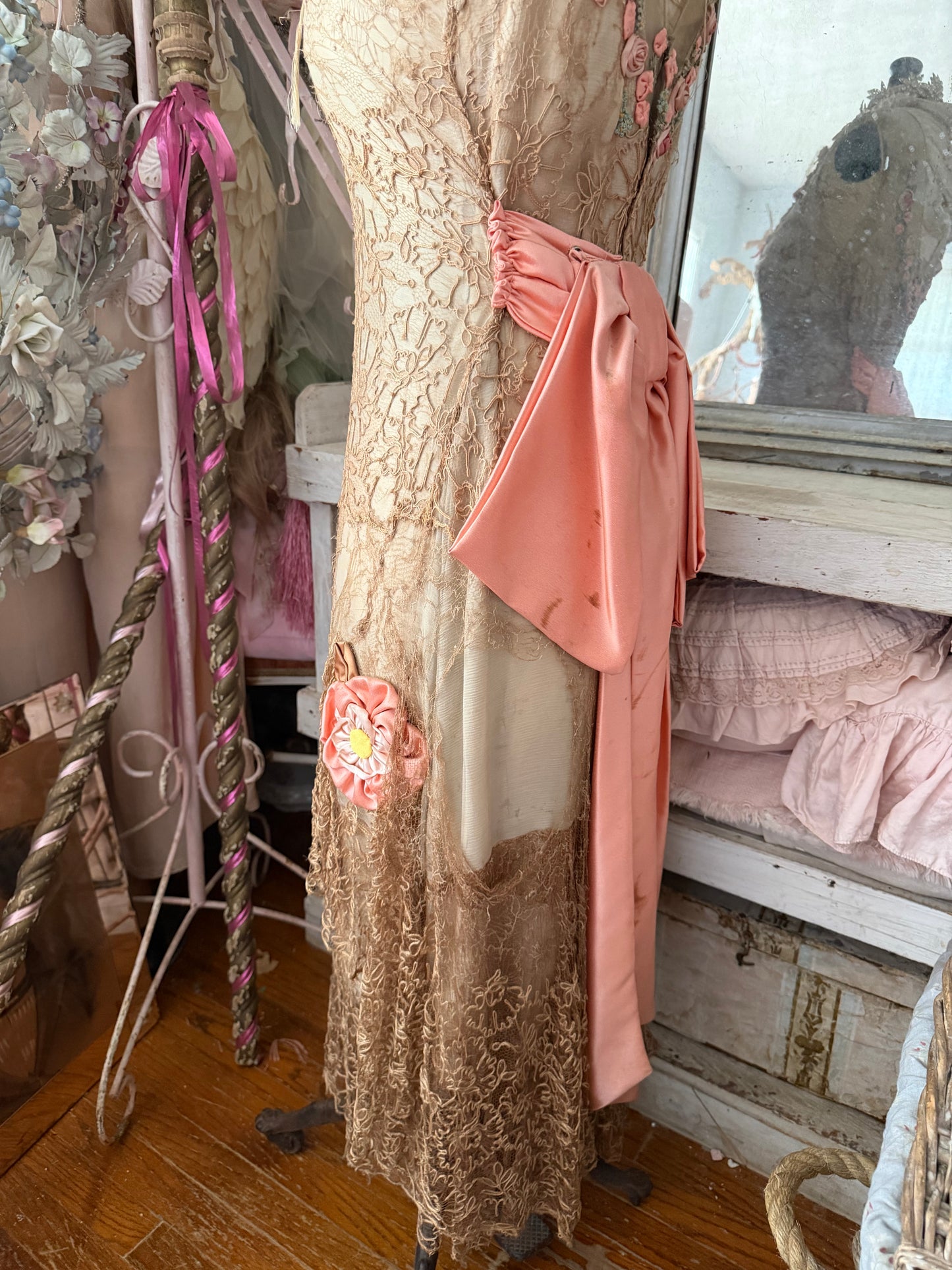 Antique Silk Corset Mannequin With Ribbonwork Lace Dress