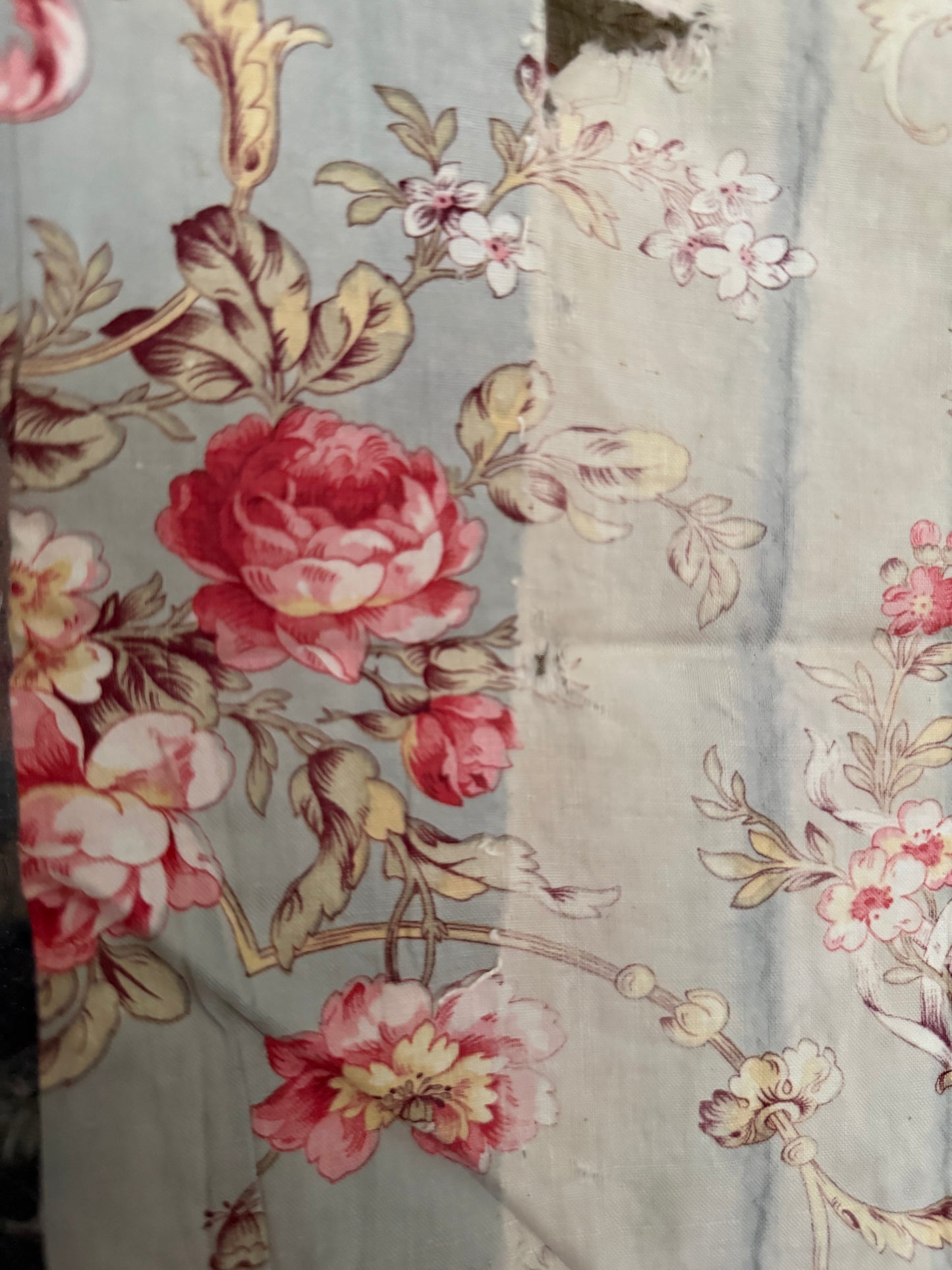 Antique French Fabric Dreamy Blue Pink Peonies Ribbon