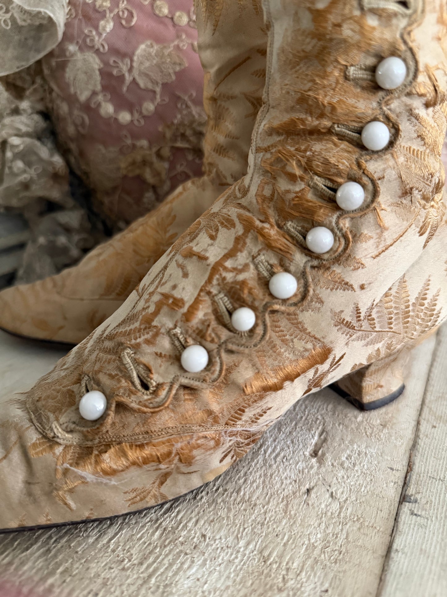 Antique Victorian Gold Silk Boots Shoes