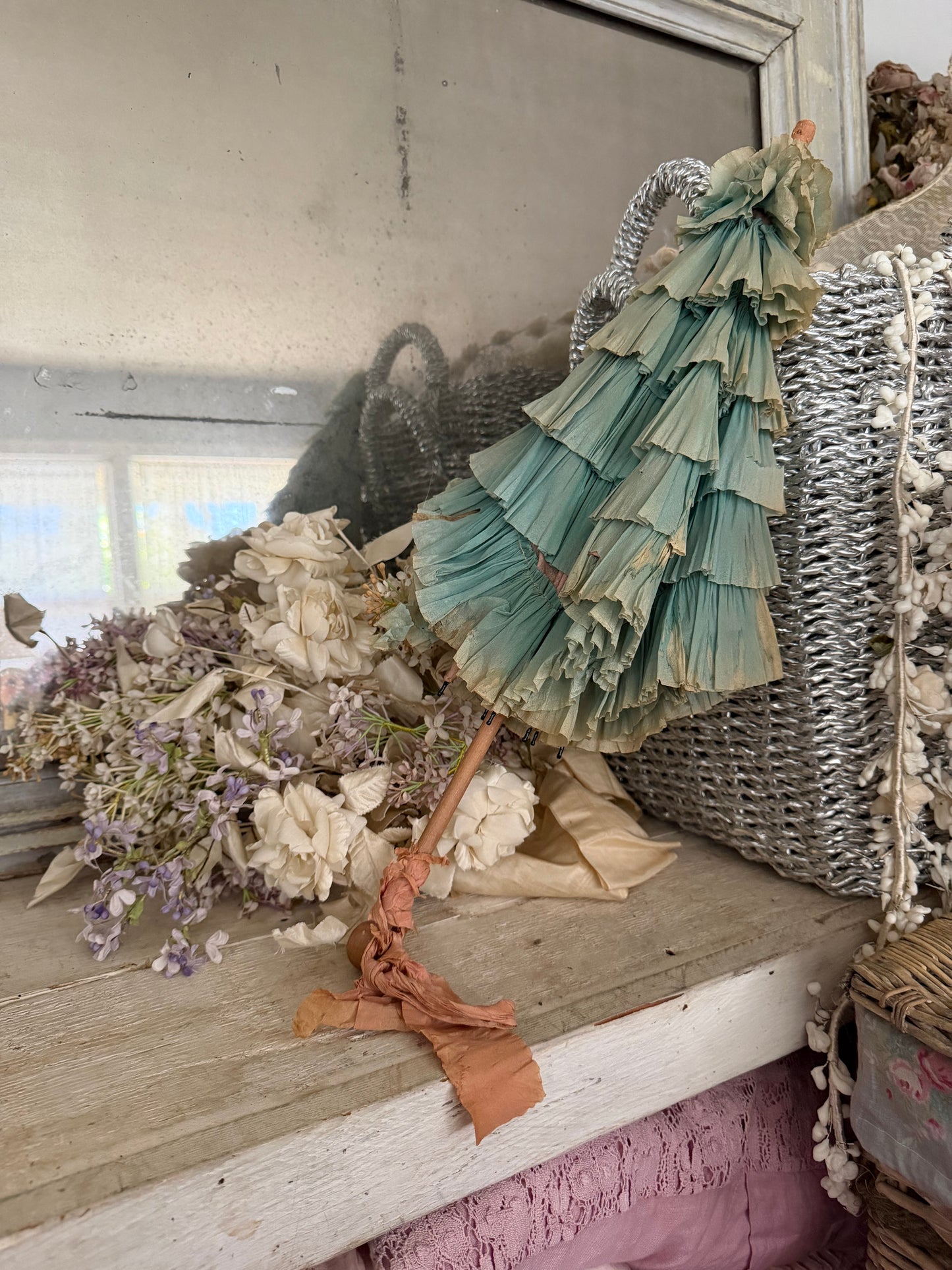 Antique Blue Pink Crepe Paper Parasol