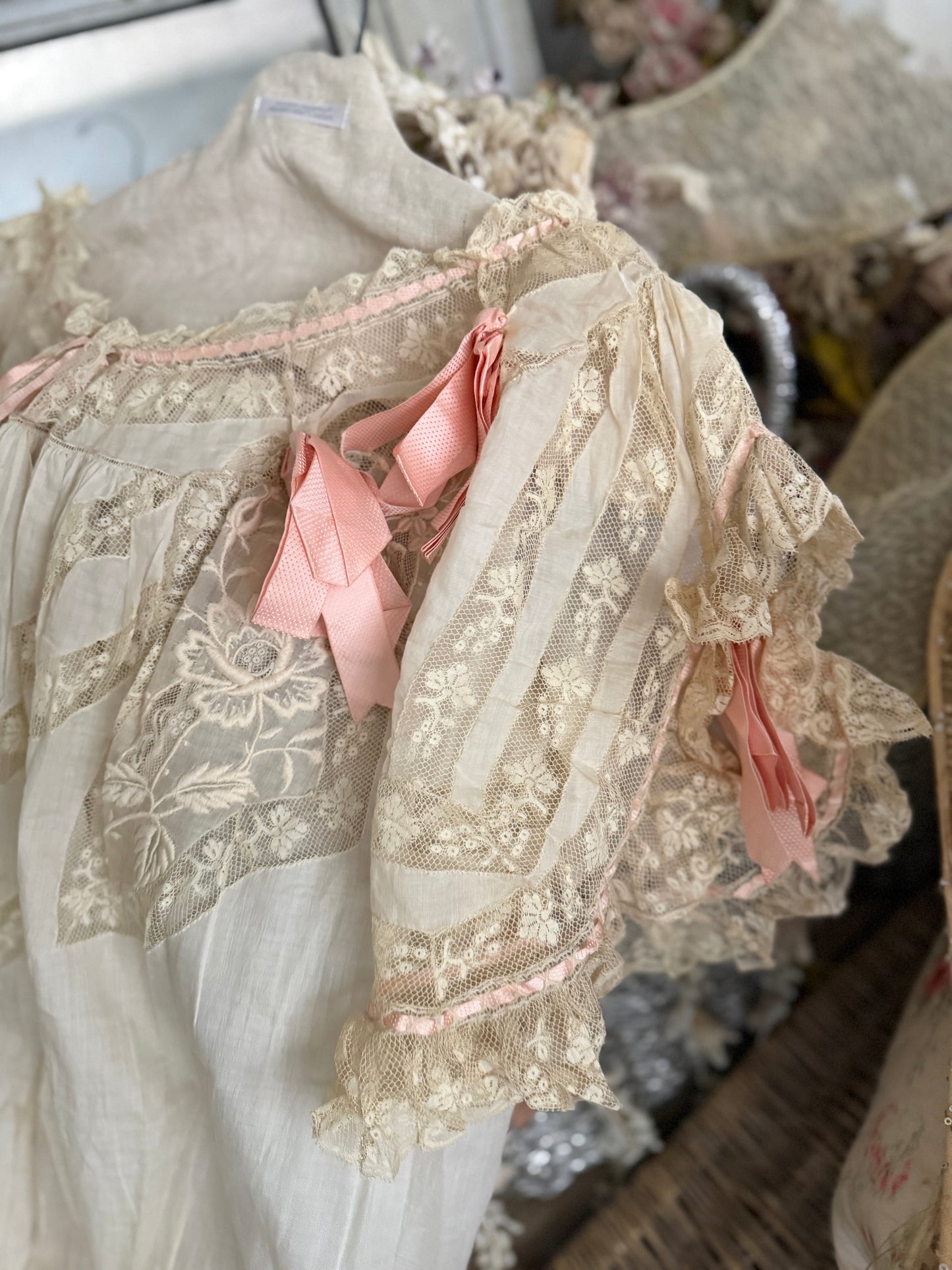 Antique Victorian Floral Lace Nightgown Ribbon Bow