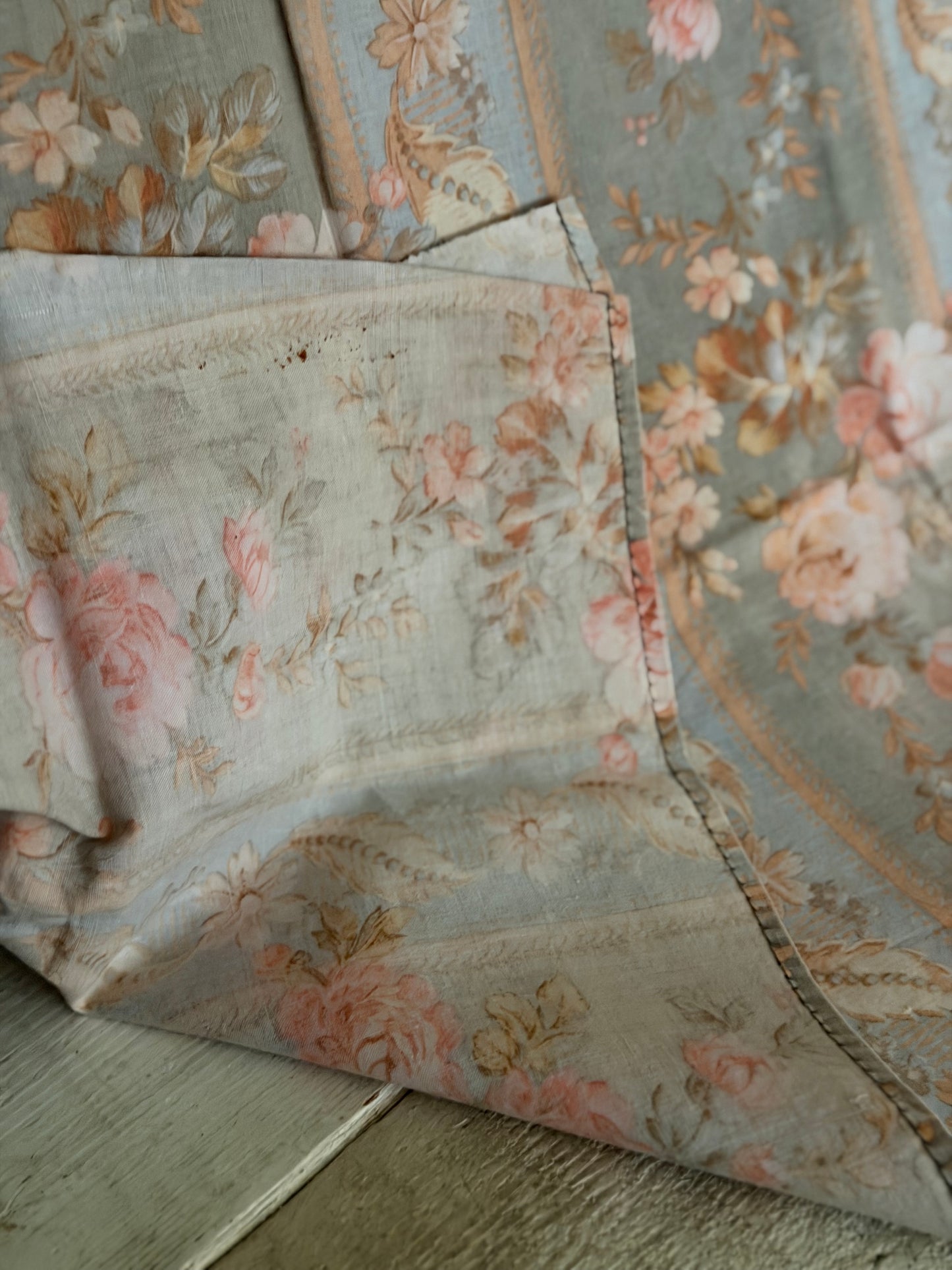 Antique French Fabric Dusty Blue Pink Roses