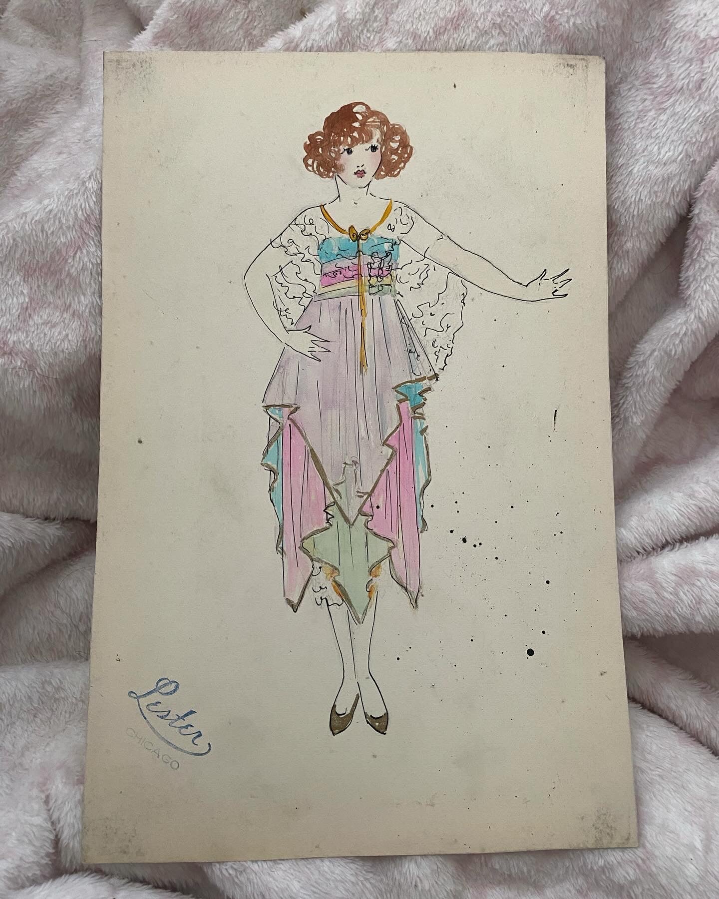 Vintage Costume Sketch c1920-30 Flapper Silk Lace Dress