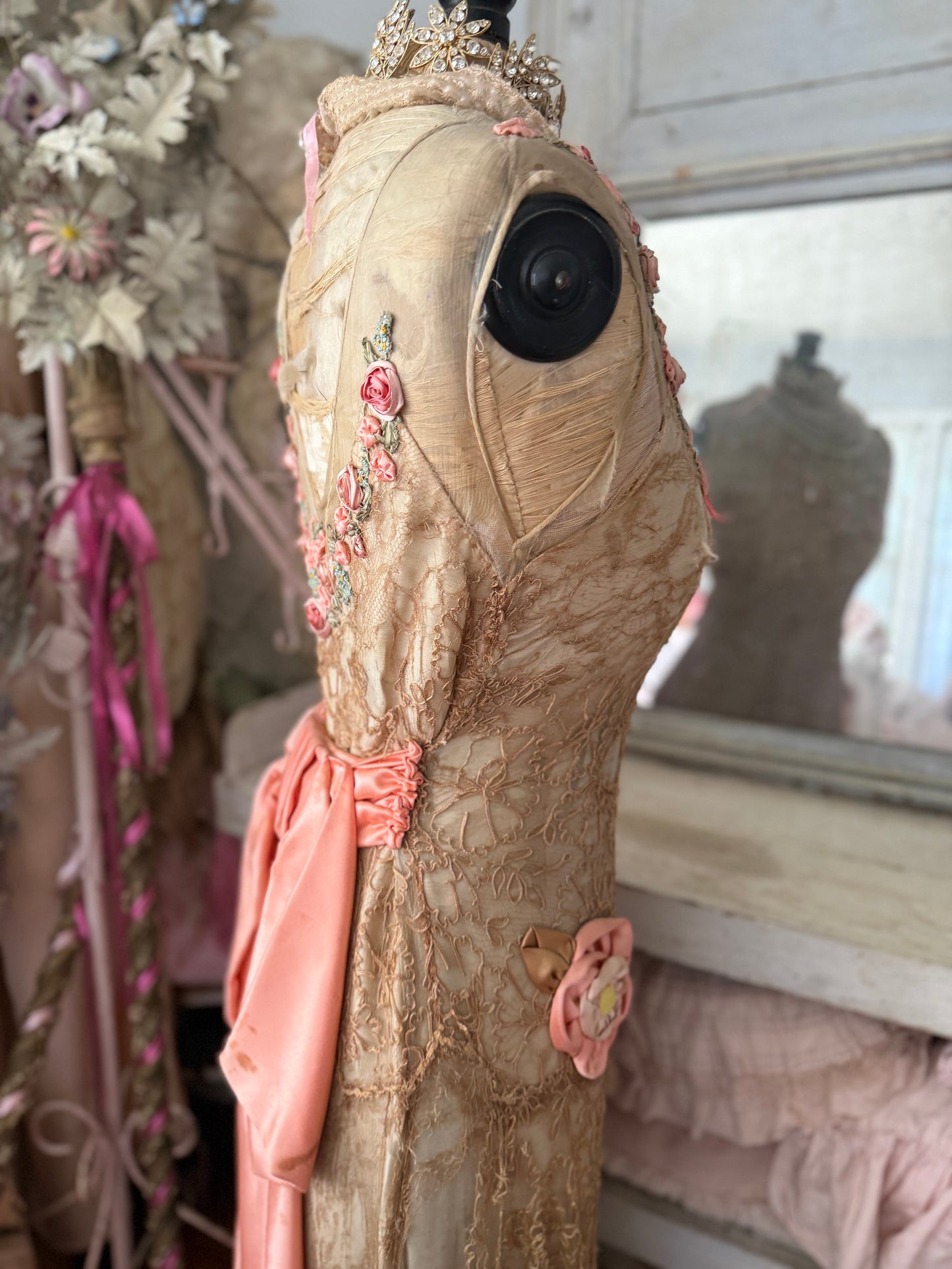Antique Silk Corset Mannequin With Ribbonwork Lace Dress