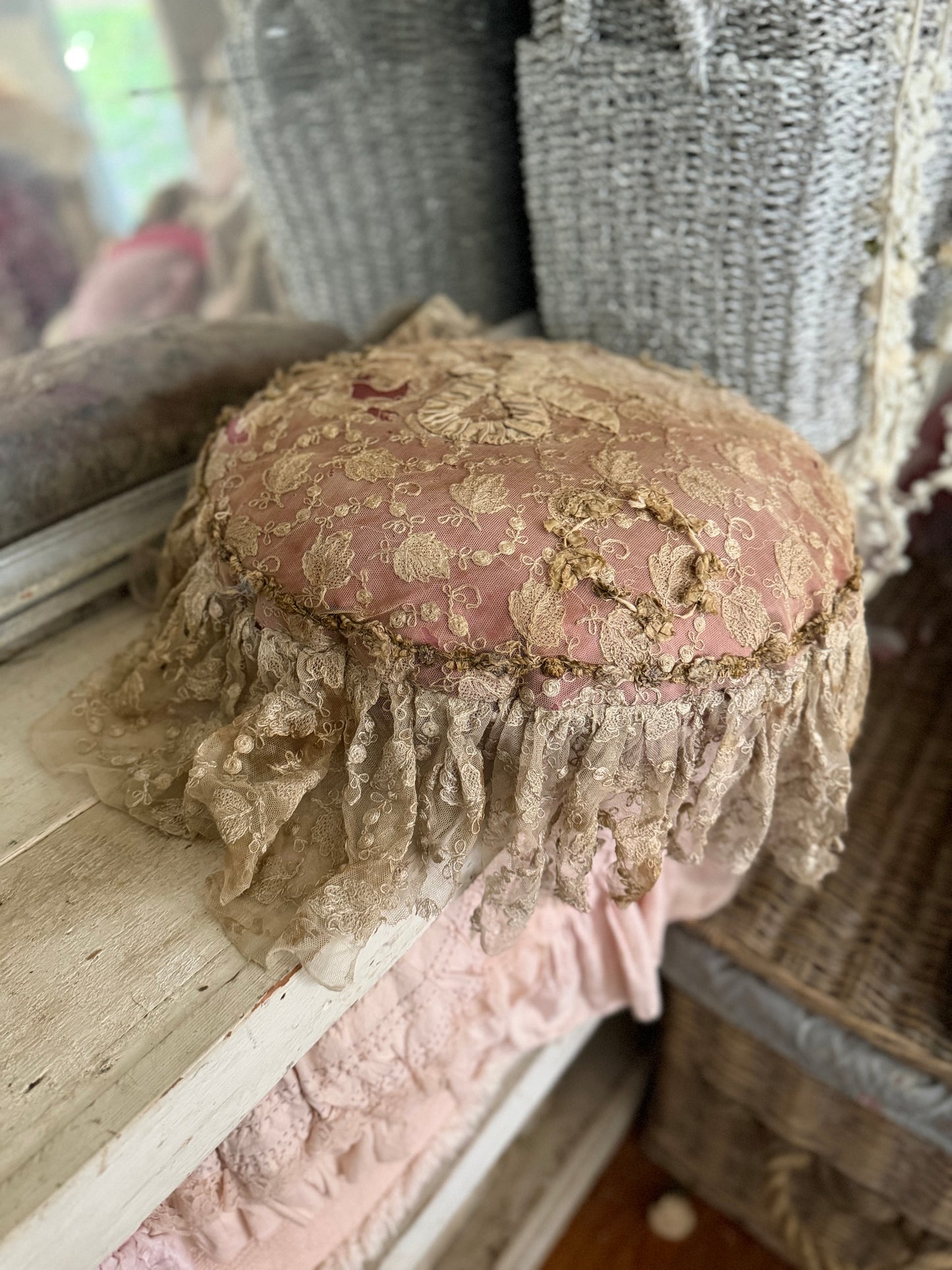 Antique Lace Ribbonwork Pillow With Bow