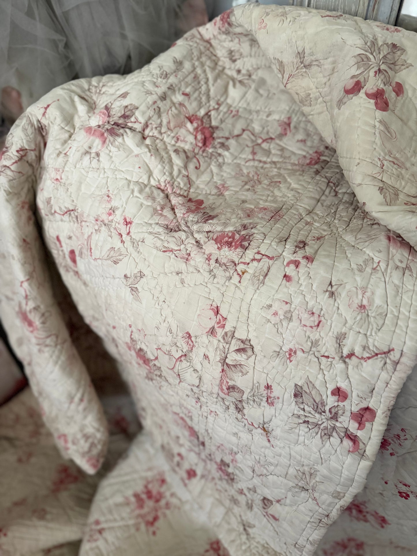 Antique French Boutis Quilt Soft Pink Roses Florals