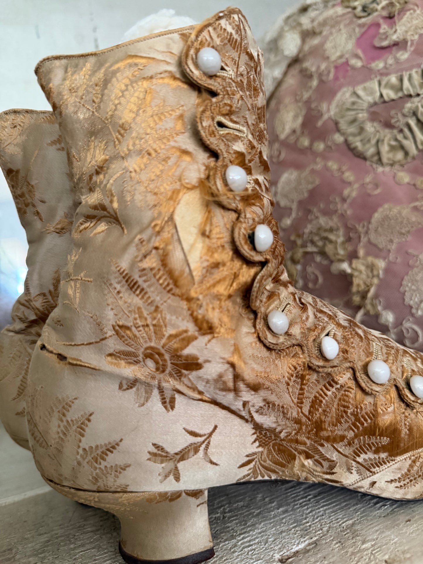 Antique Victorian Gold Silk Boots Shoes
