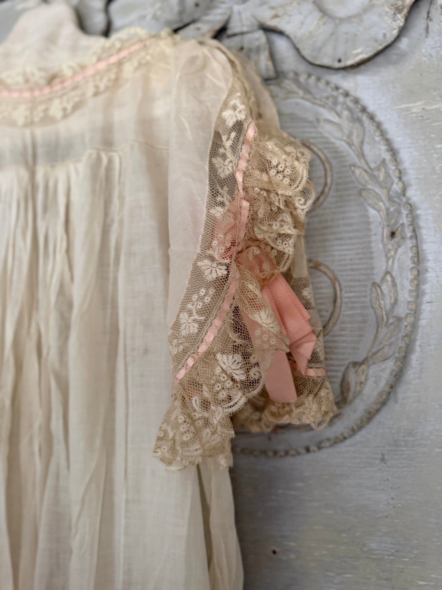 Antique Victorian Floral Lace Nightgown Ribbon Bow