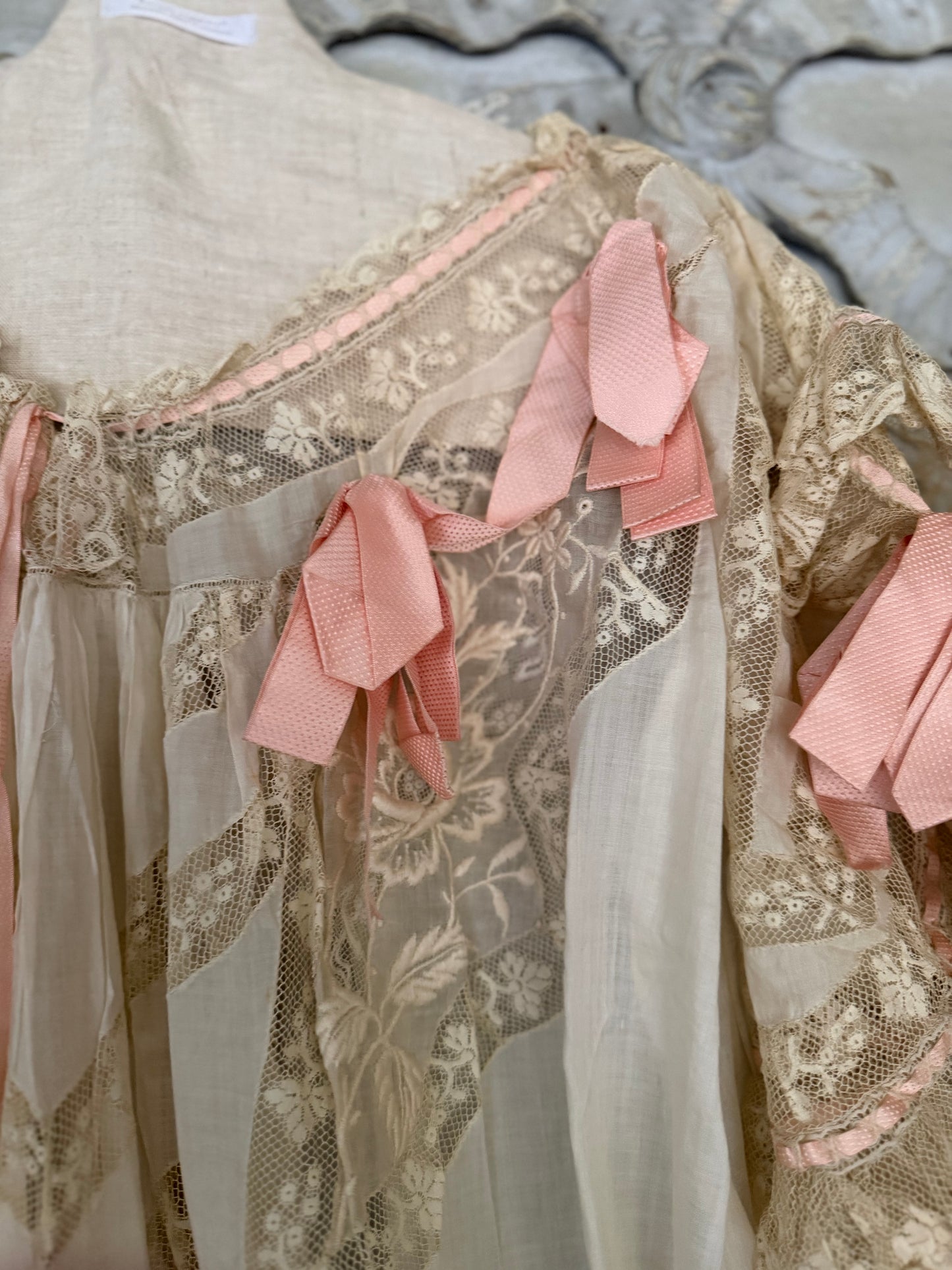 Antique Victorian Floral Lace Nightgown Ribbon Bow