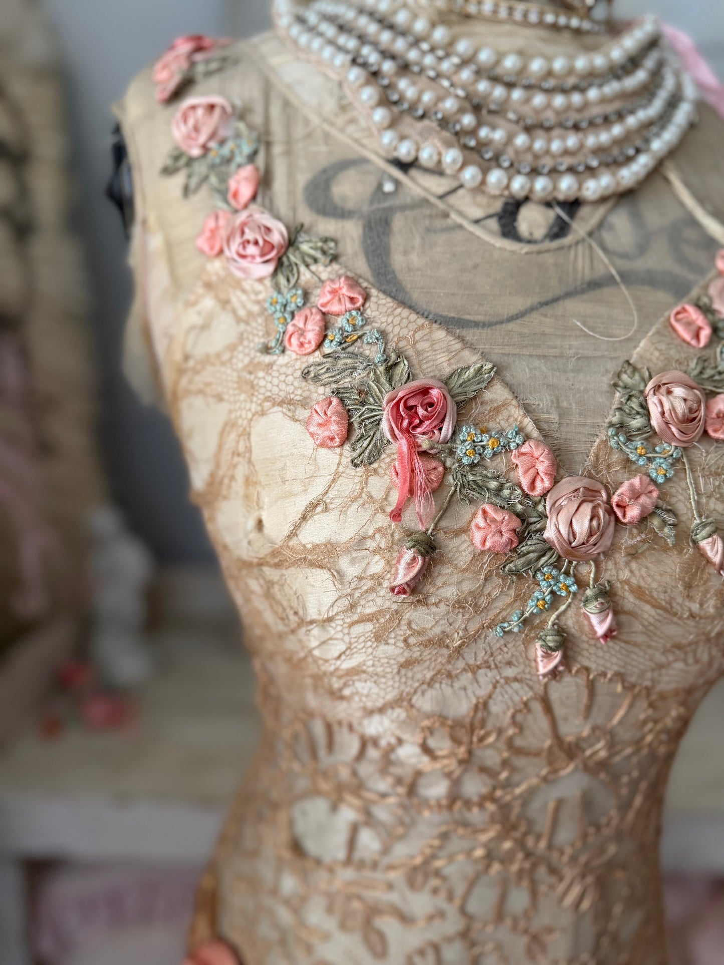Antique Silk Corset Mannequin With Ribbonwork Lace Dress