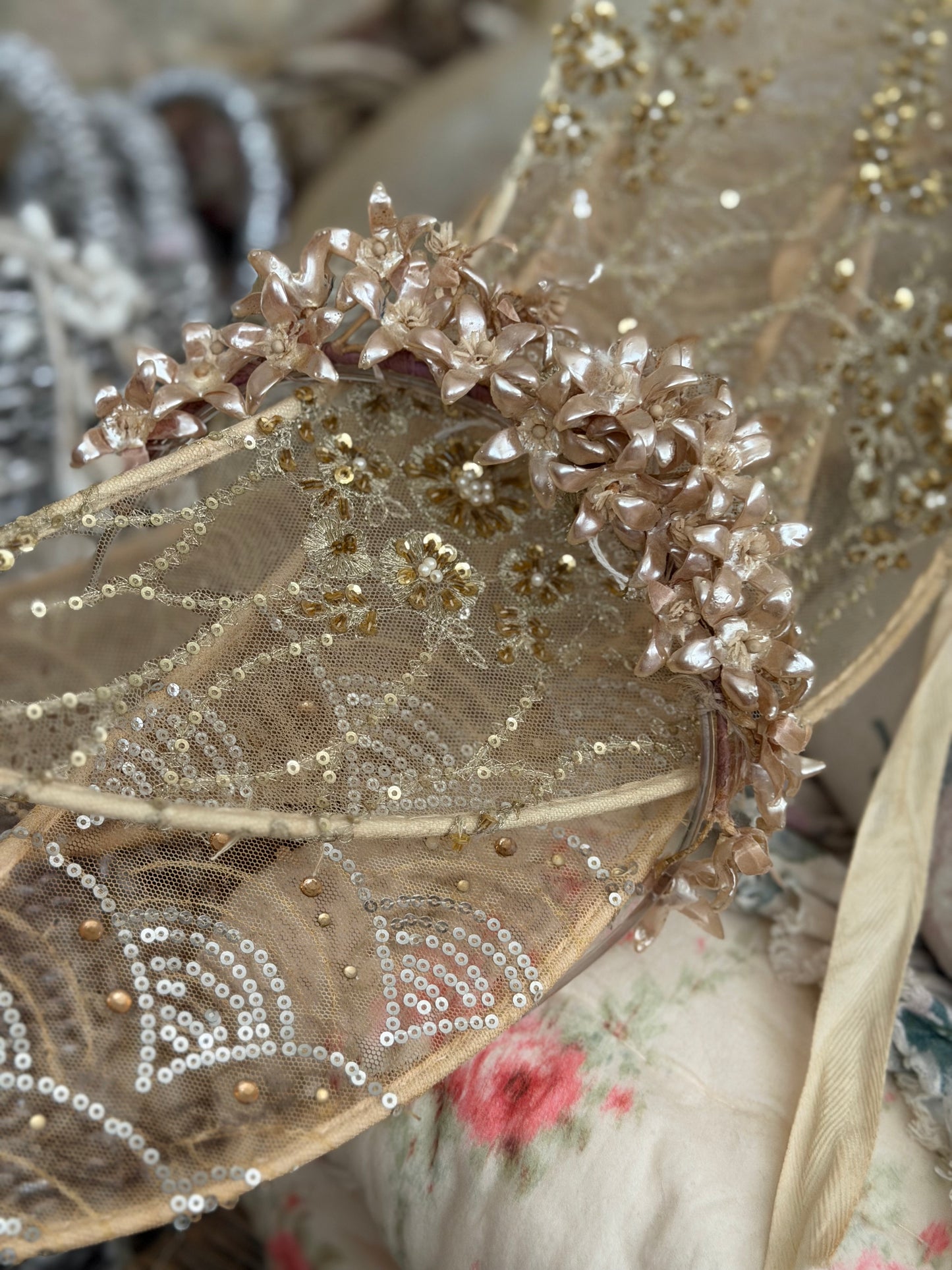 Antique French Pearlized Pink Champagne orange Blossom Flowers Crown
