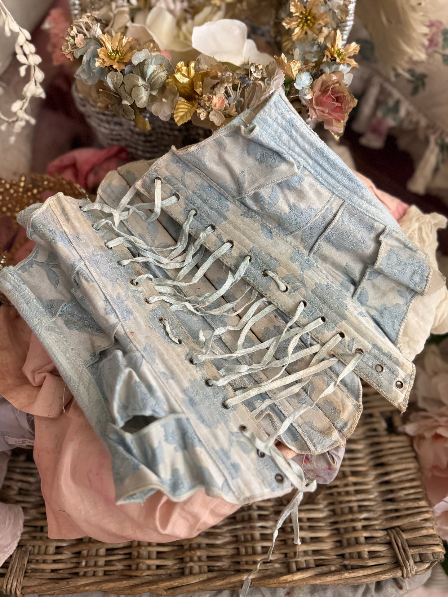 PREVIEW (On Loan) Antique Victorian Blue Ribbon Bow Corset
