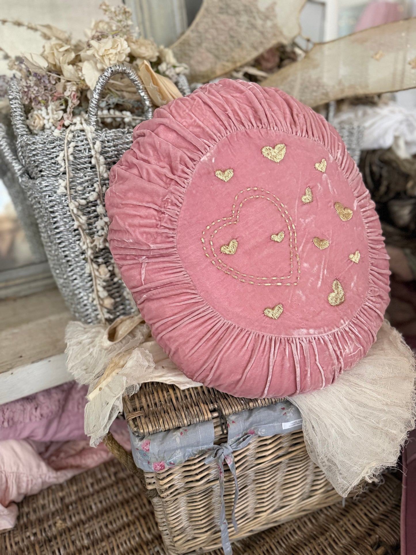 RASSC Rachel Ashwell Pink Velvet Gold Heart Pillow