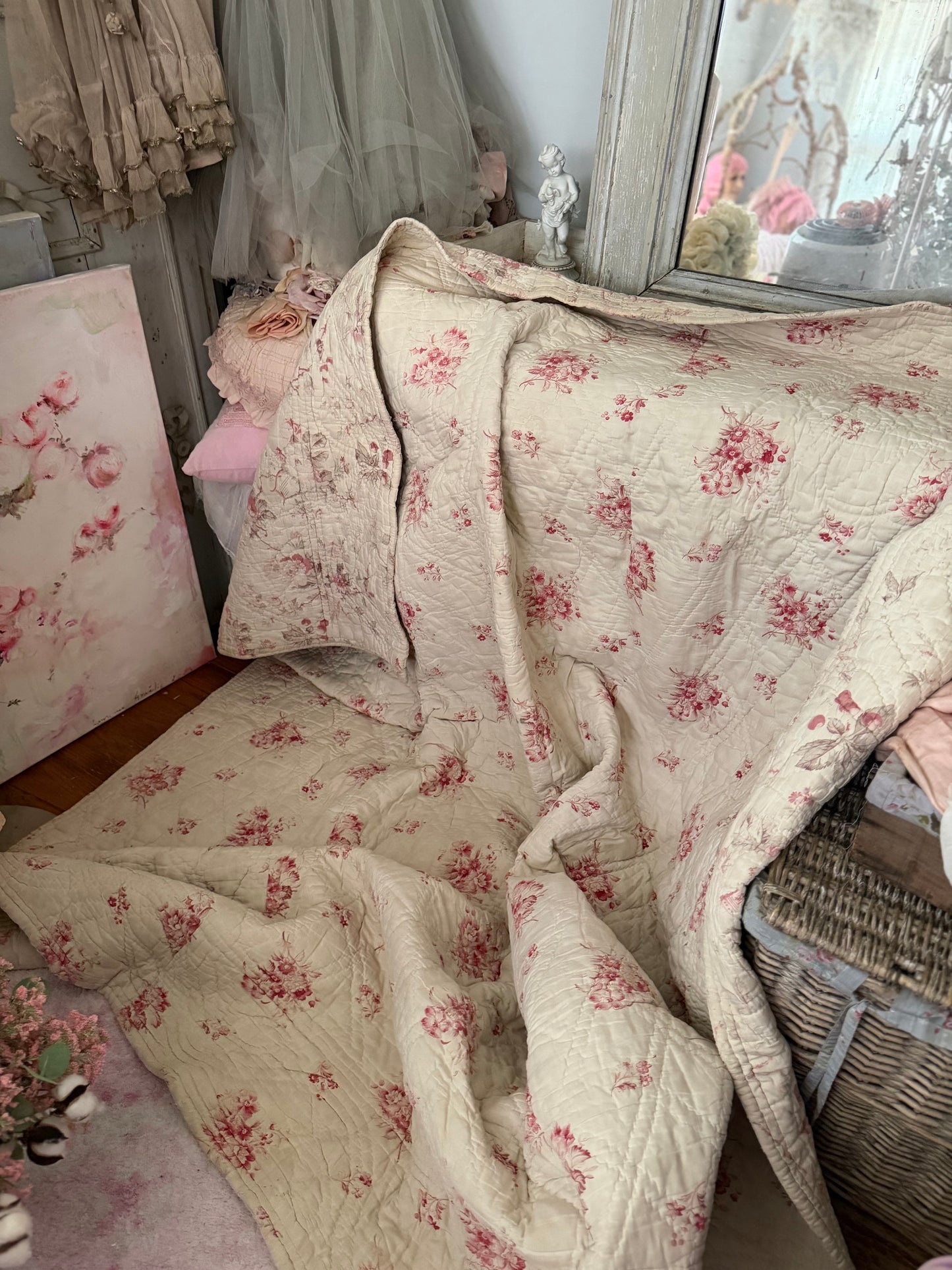 Antique French Boutis Quilt Soft Pink Roses Florals
