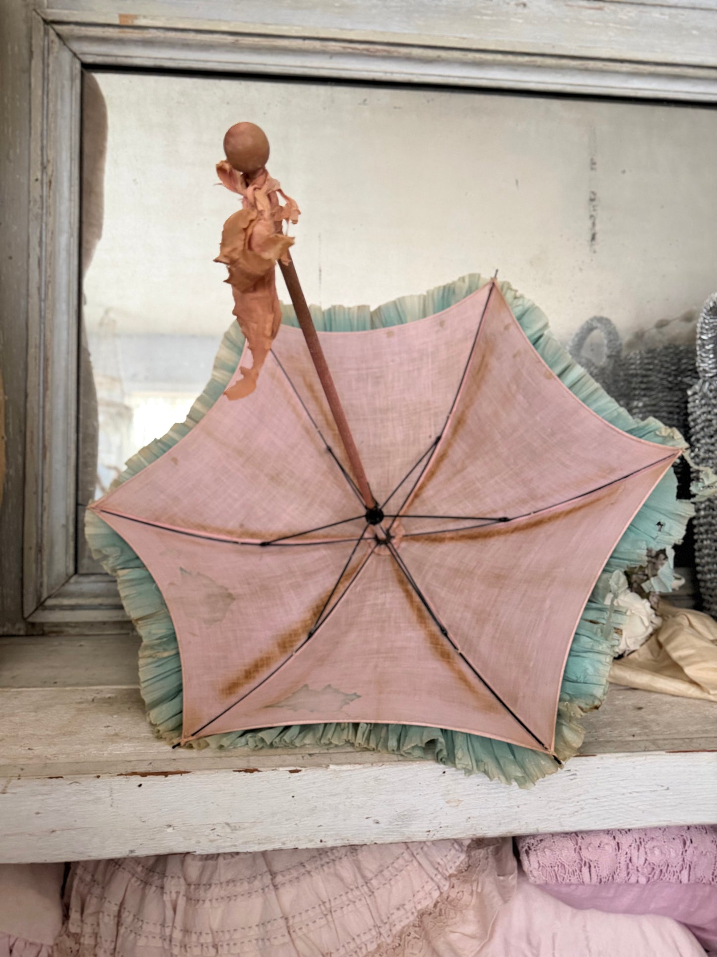 Antique Blue Pink Crepe Paper Parasol