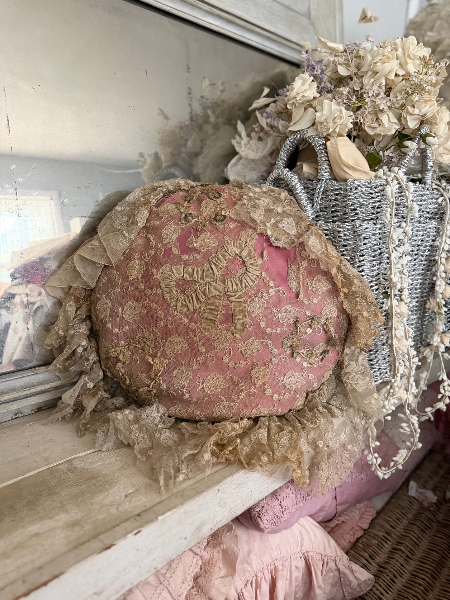 Antique Lace Ribbonwork Pillow With Bow