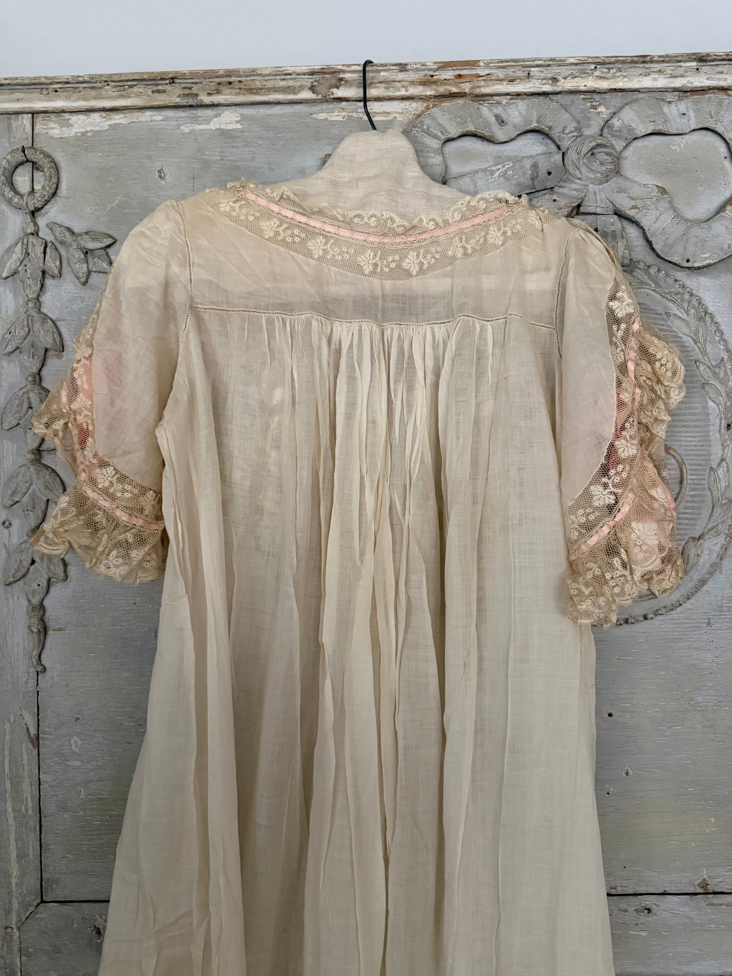 Antique Victorian Floral Lace Nightgown Ribbon Bow