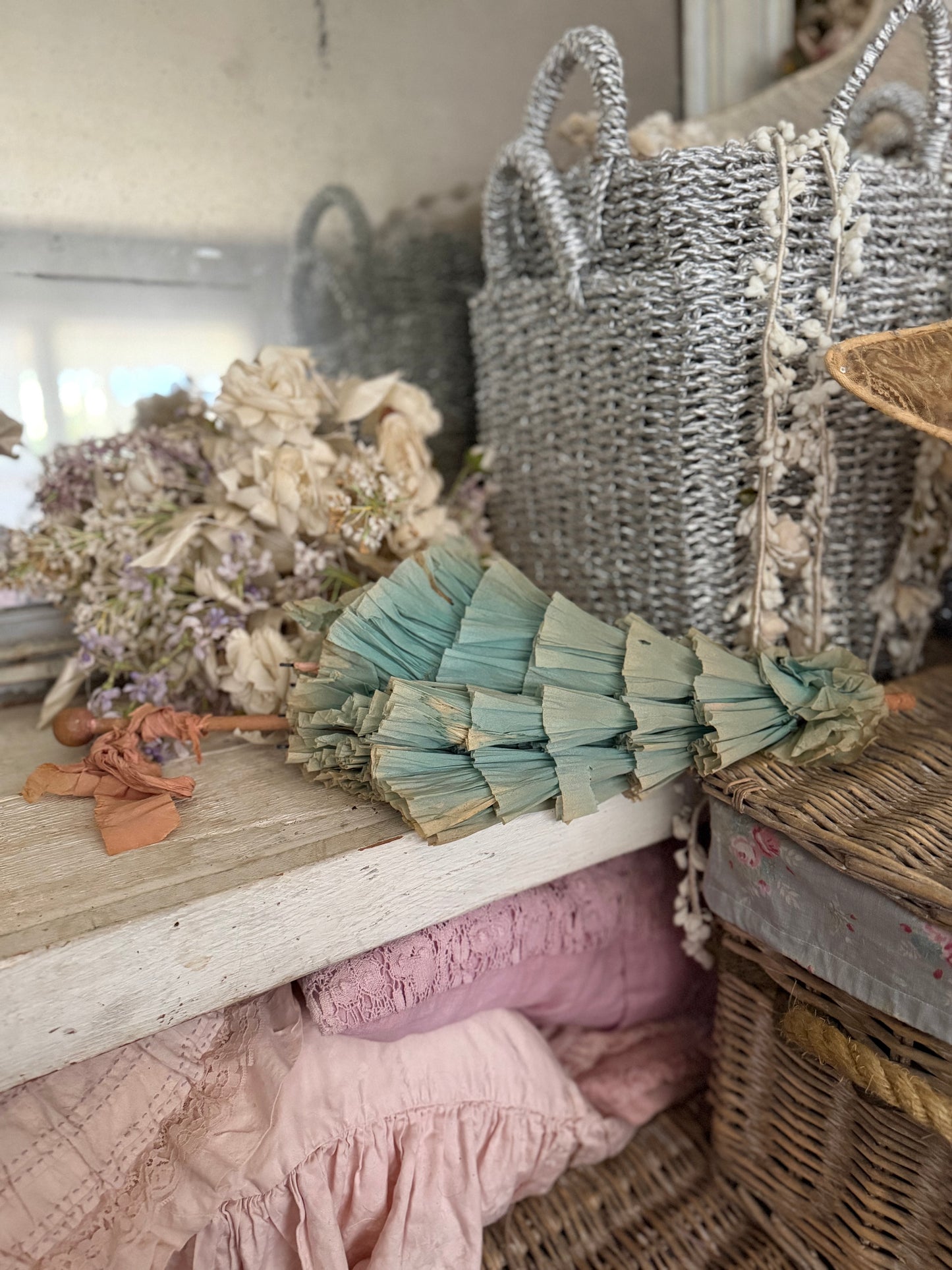Antique Blue Pink Crepe Paper Parasol