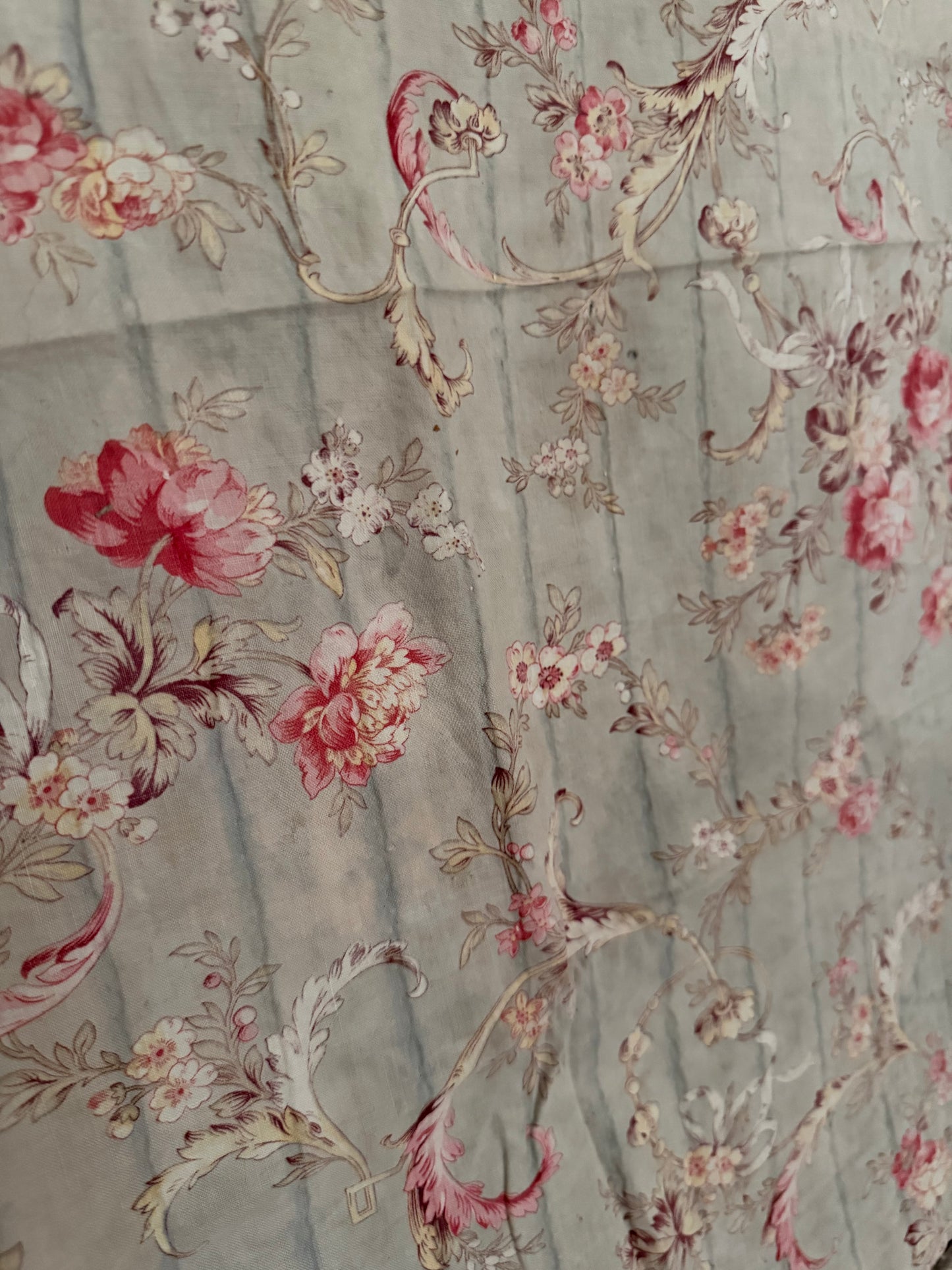 Antique French Fabric Dreamy Blue Pink Peonies Ribbon