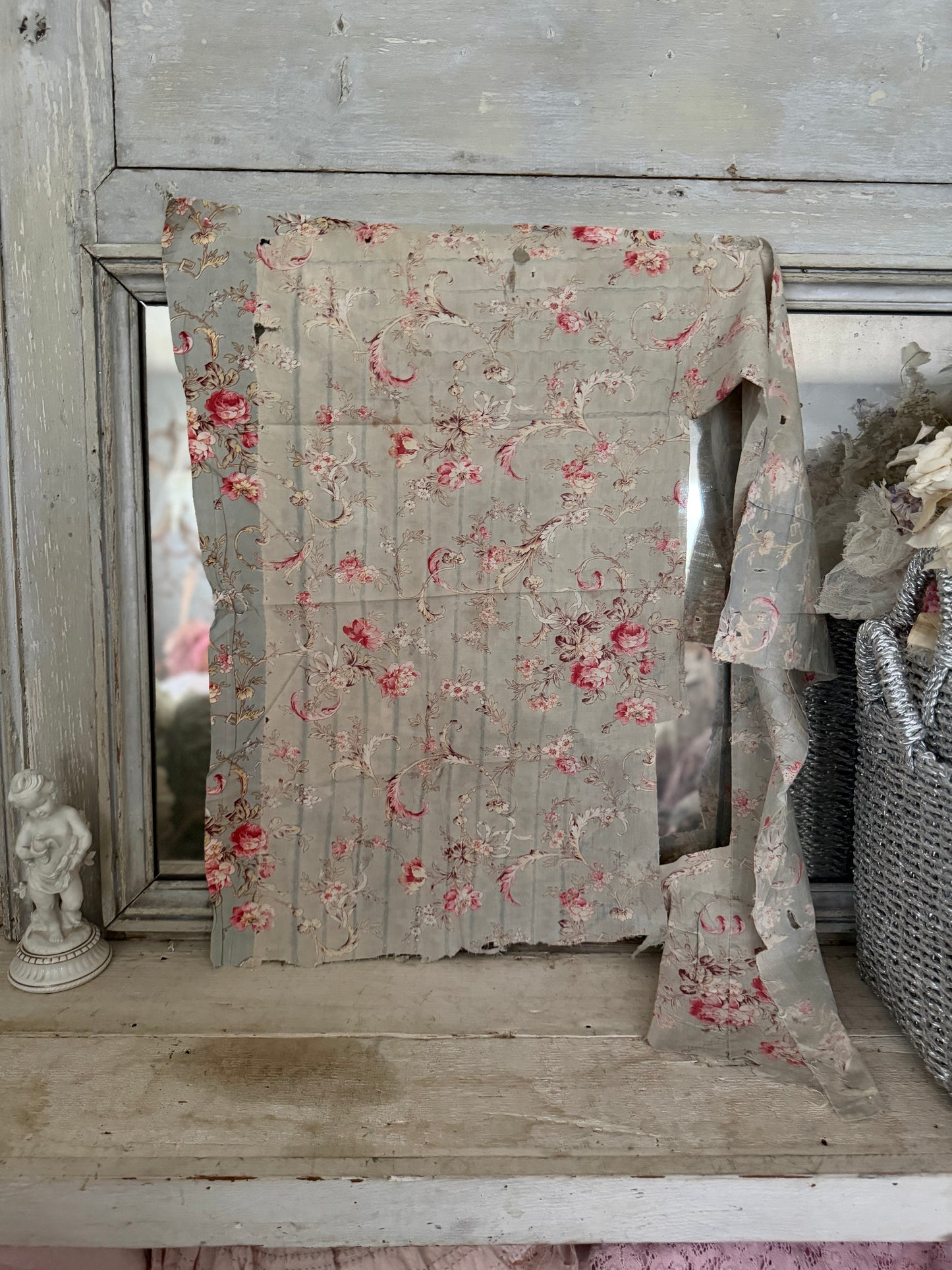 Antique French Fabric Dreamy Blue Pink Peonies Ribbon
