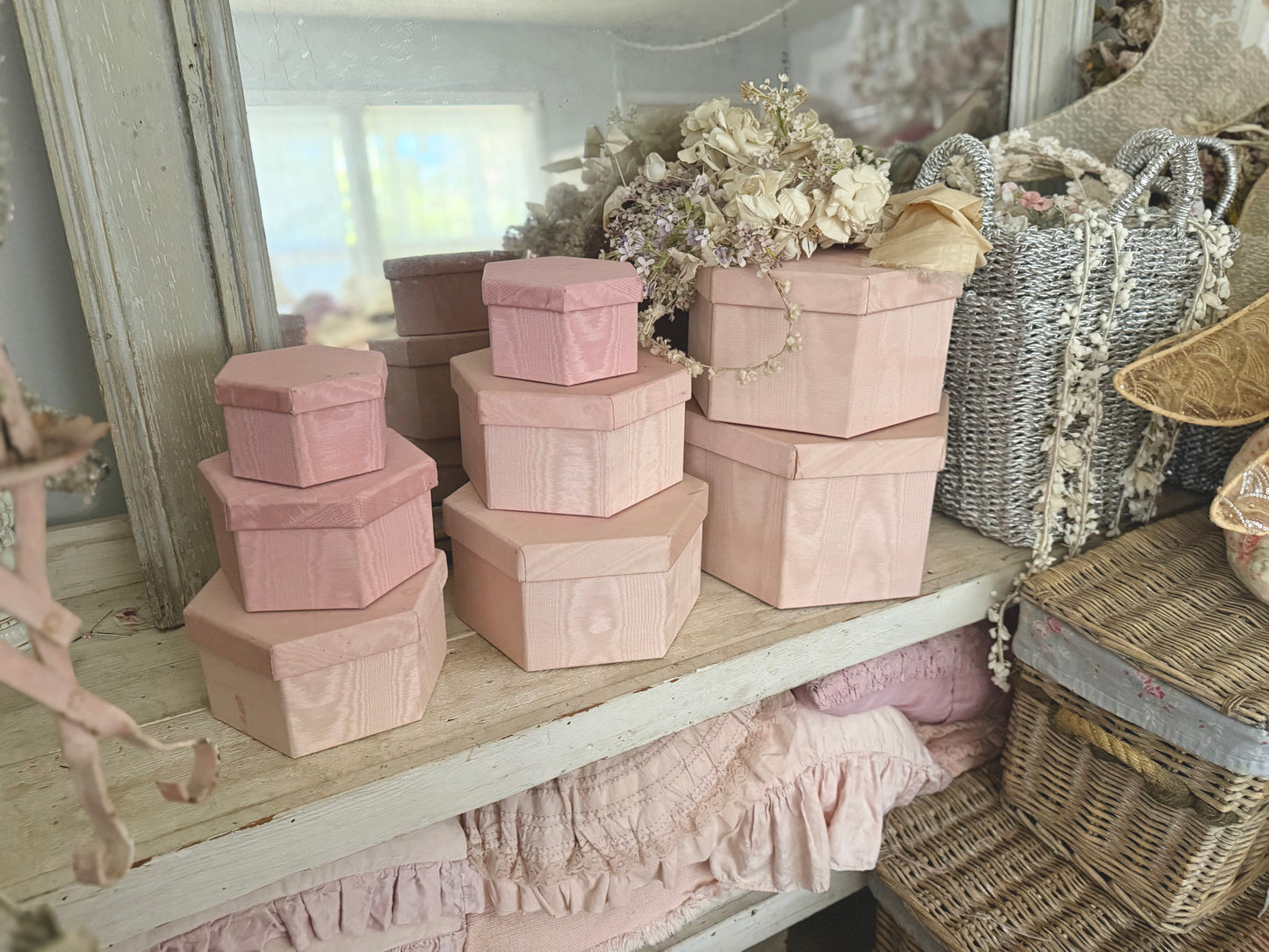 Collection 9 Vintage Pink Moire Fabric Nesting Boxes