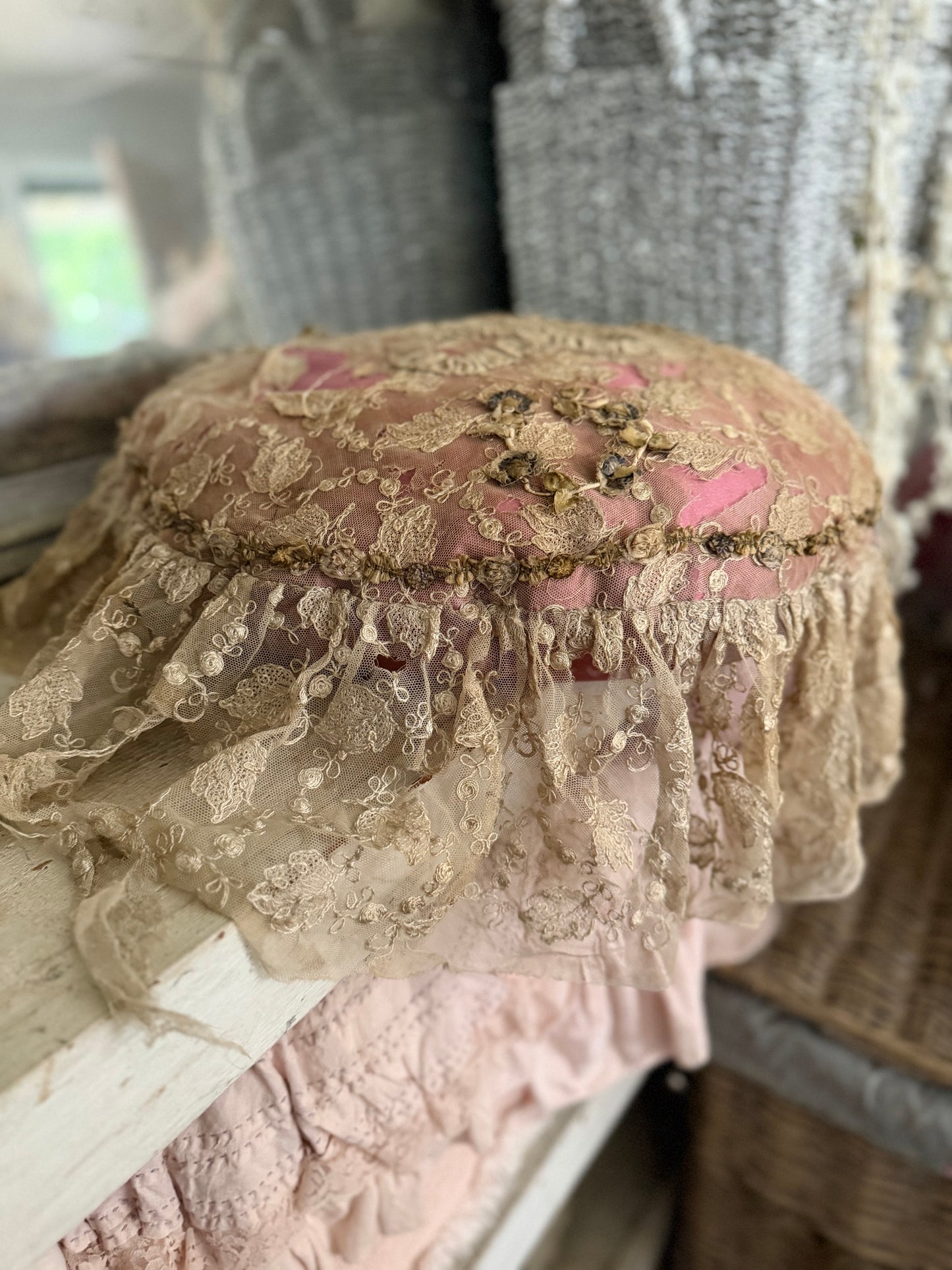 Antique Lace Ribbonwork Pillow With Bow