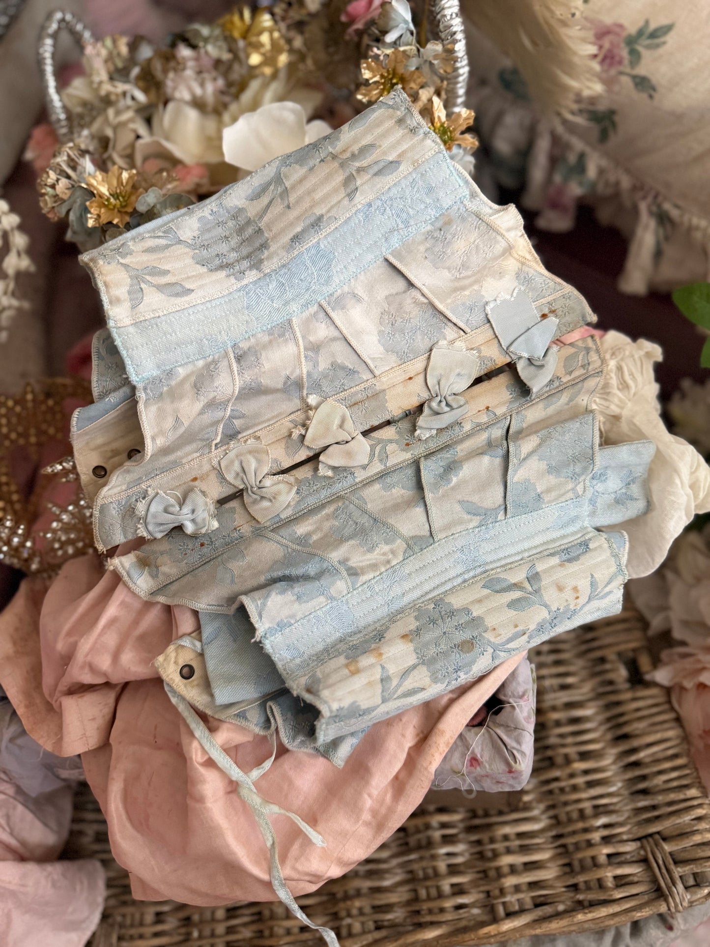 PREVIEW (On Loan) Antique Victorian Blue Ribbon Bow Corset