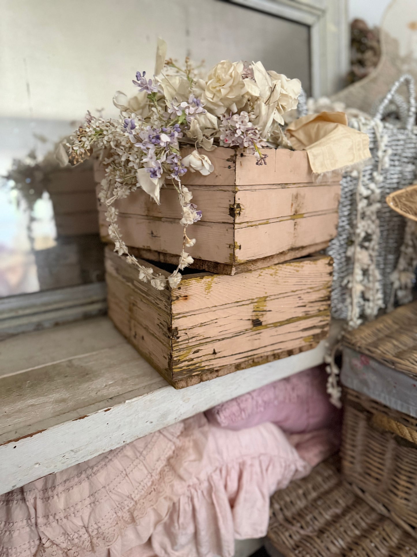 Pair Antique Pink Chippy Wood Crates