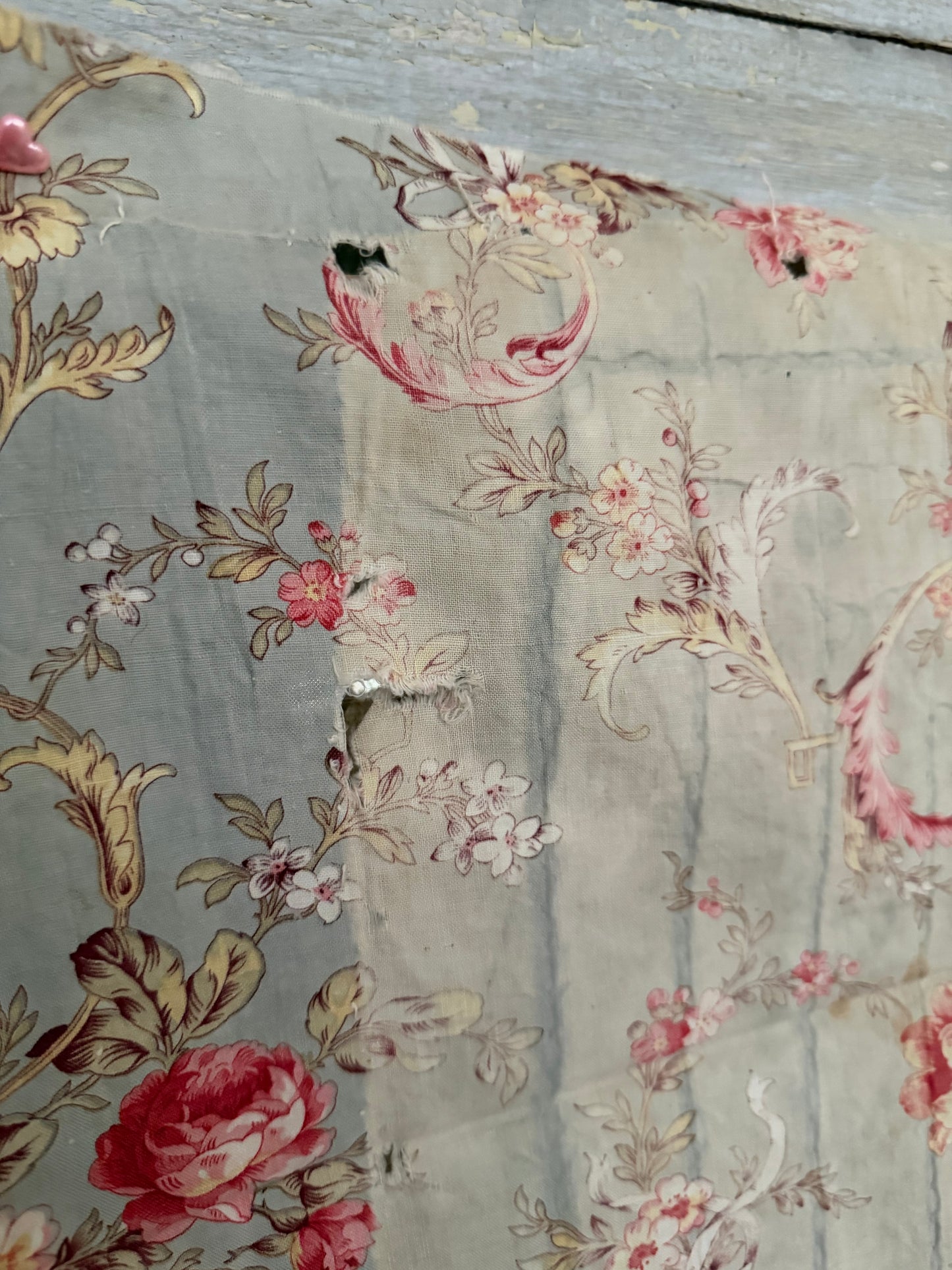 Antique French Fabric Dreamy Blue Pink Peonies Ribbon