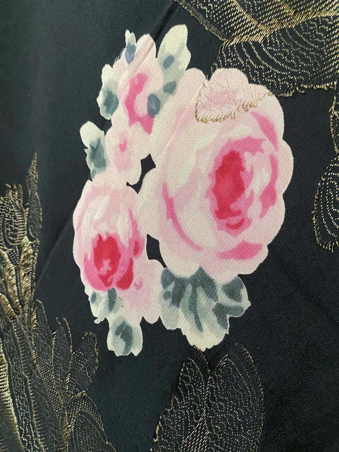 Antique French 1920s Black Silk Pink Rose Lamé Gold Shawl Panel