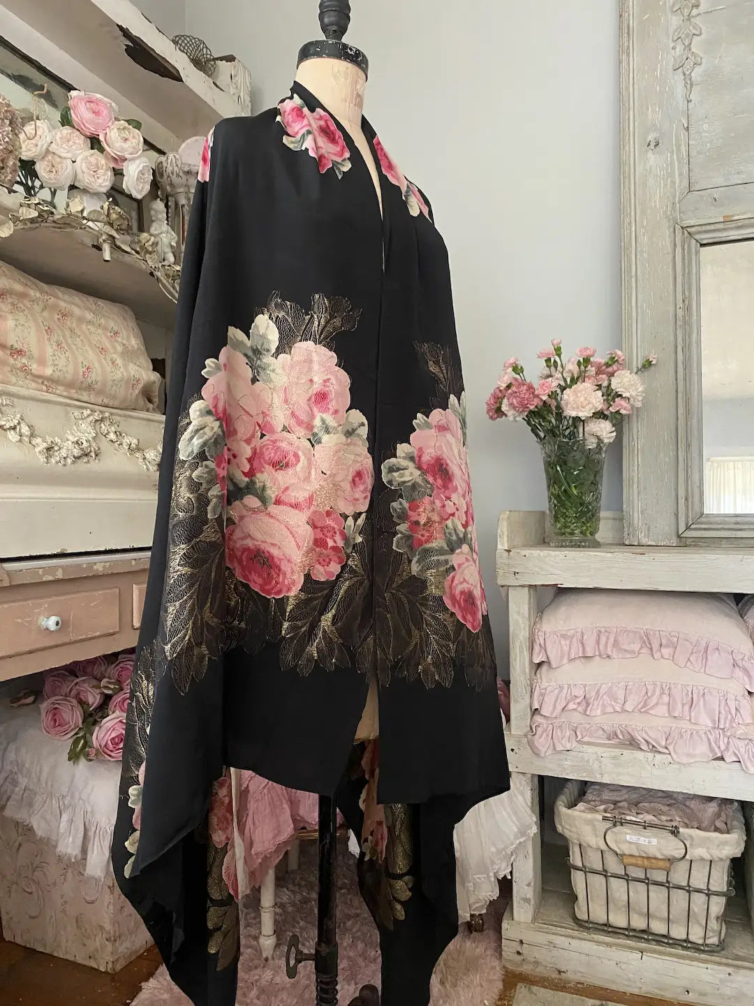 Antique French 1920s Black Silk Pink Rose Lamé Gold Shawl Panel