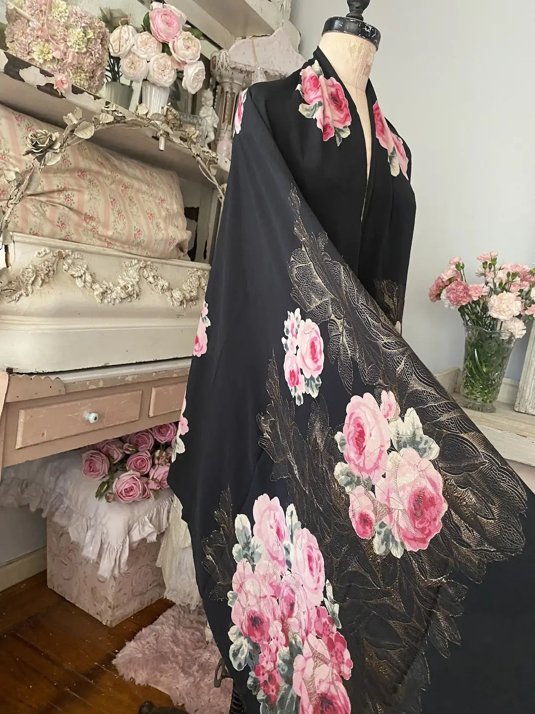 Antique French 1920s Black Silk Pink Rose Lamé Gold Shawl Panel