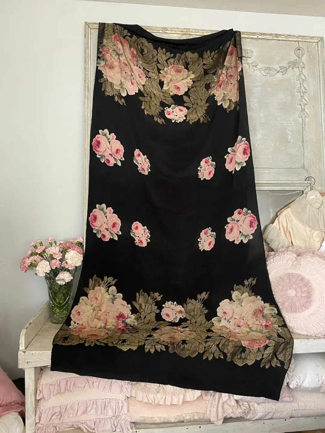 Antique French 1920s Black Silk Pink Rose Lamé Gold Shawl Panel