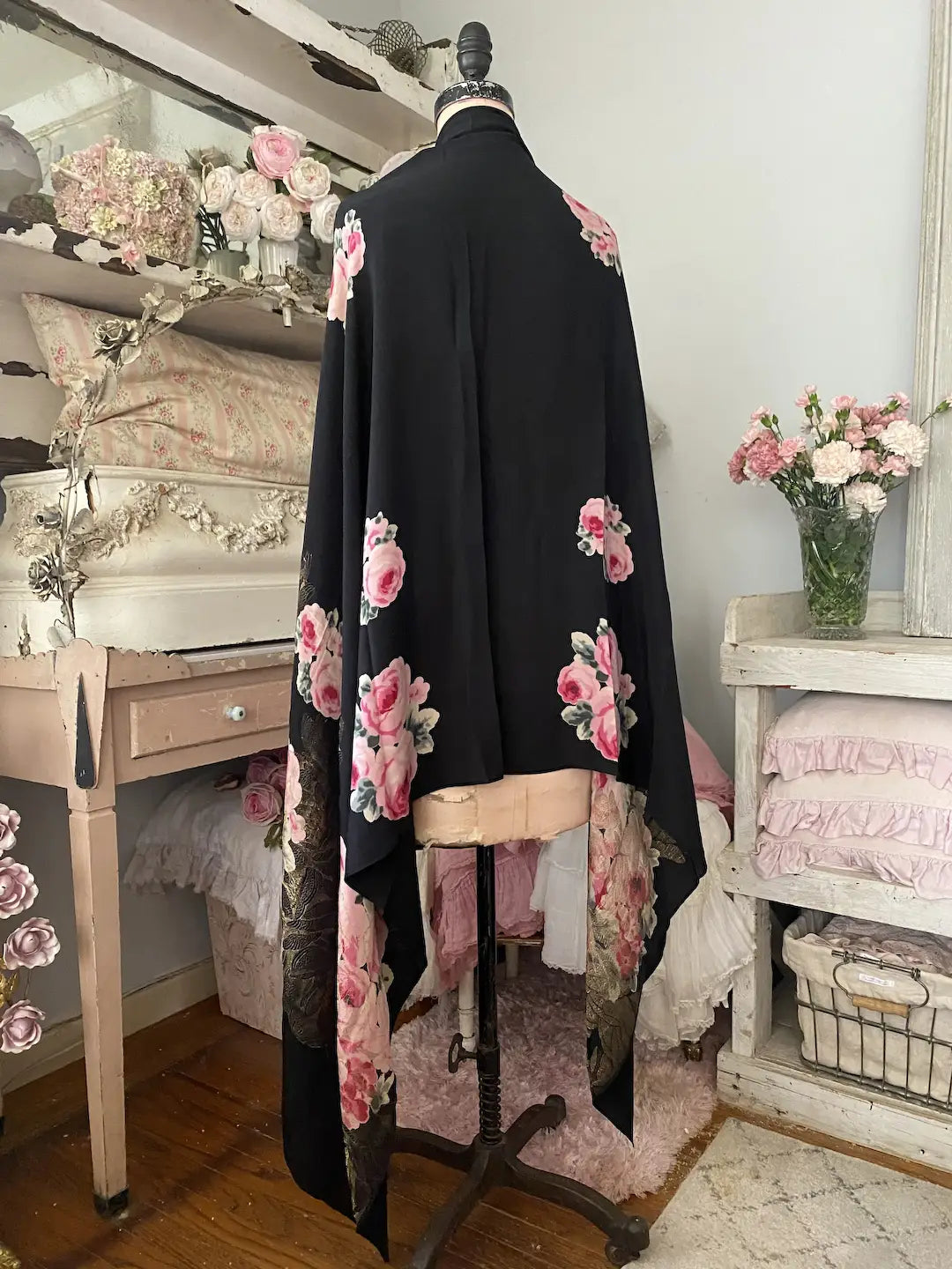 Antique French 1920s Black Silk Pink Rose Lamé Gold Shawl Panel