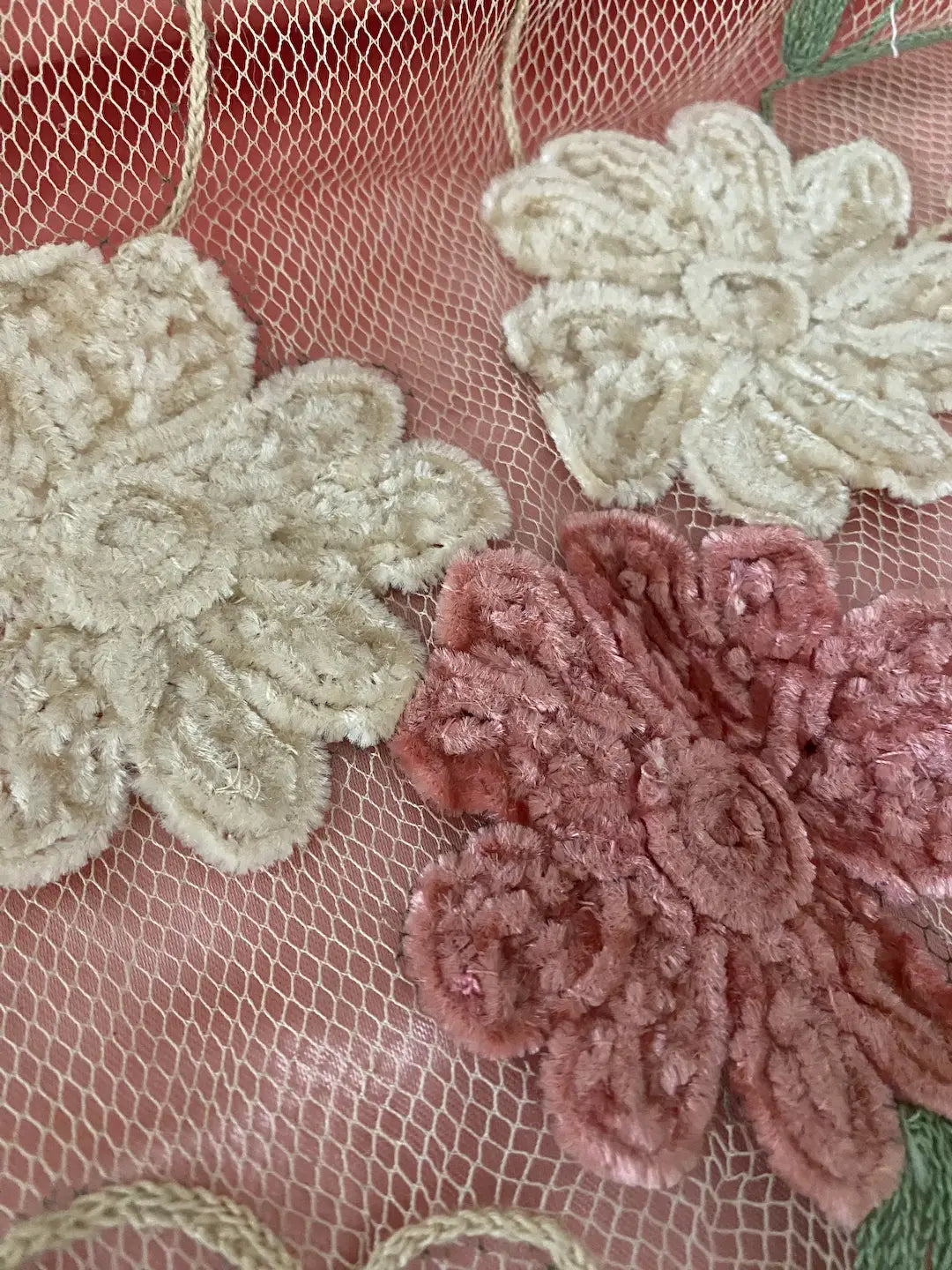 Boudoir Set Vintage Lace Pink Panels Chenille Flowers