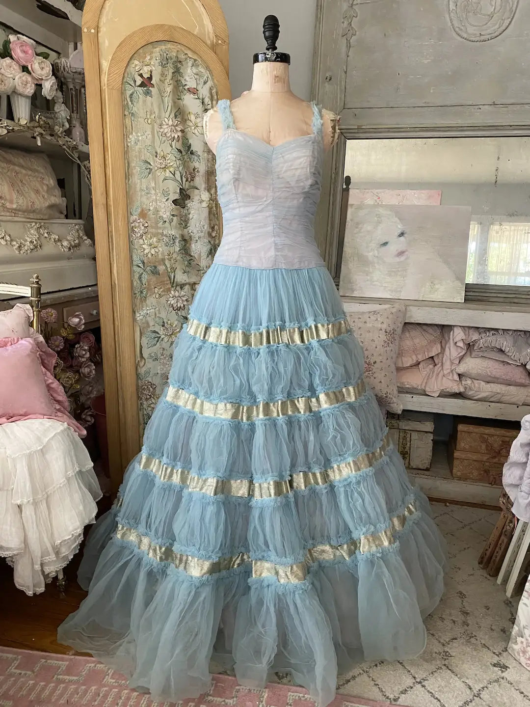 Vintage Blue Prom Dress Lamè Bows