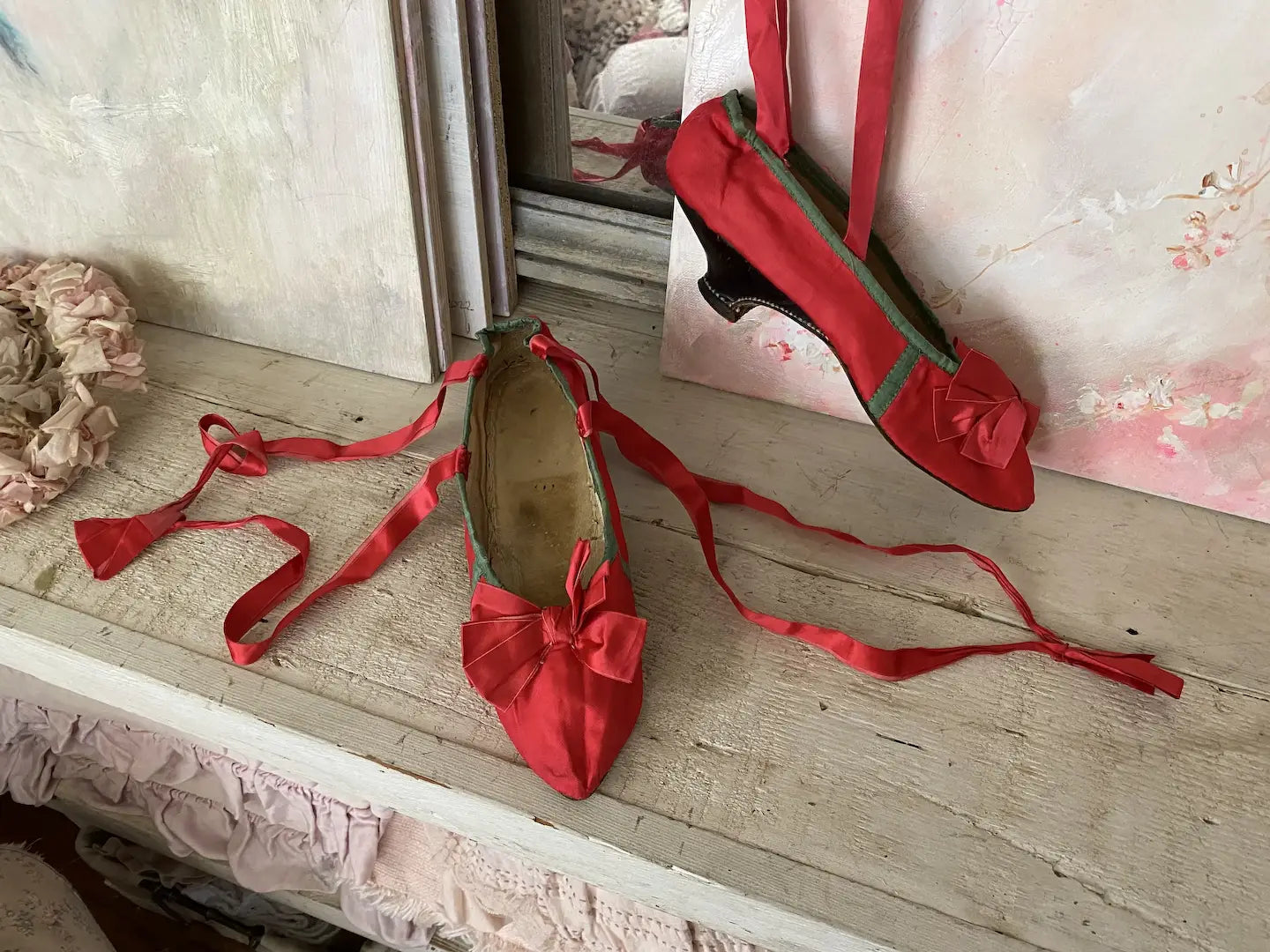 Antique 18th Century 1700s Marie Antoinette Era Red Shoes