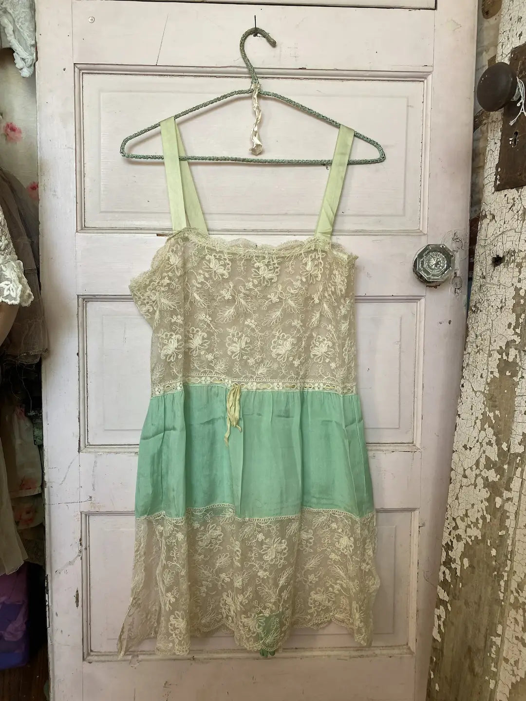 Antique 1920s Ribbonwork Green Silk Tambour Romper